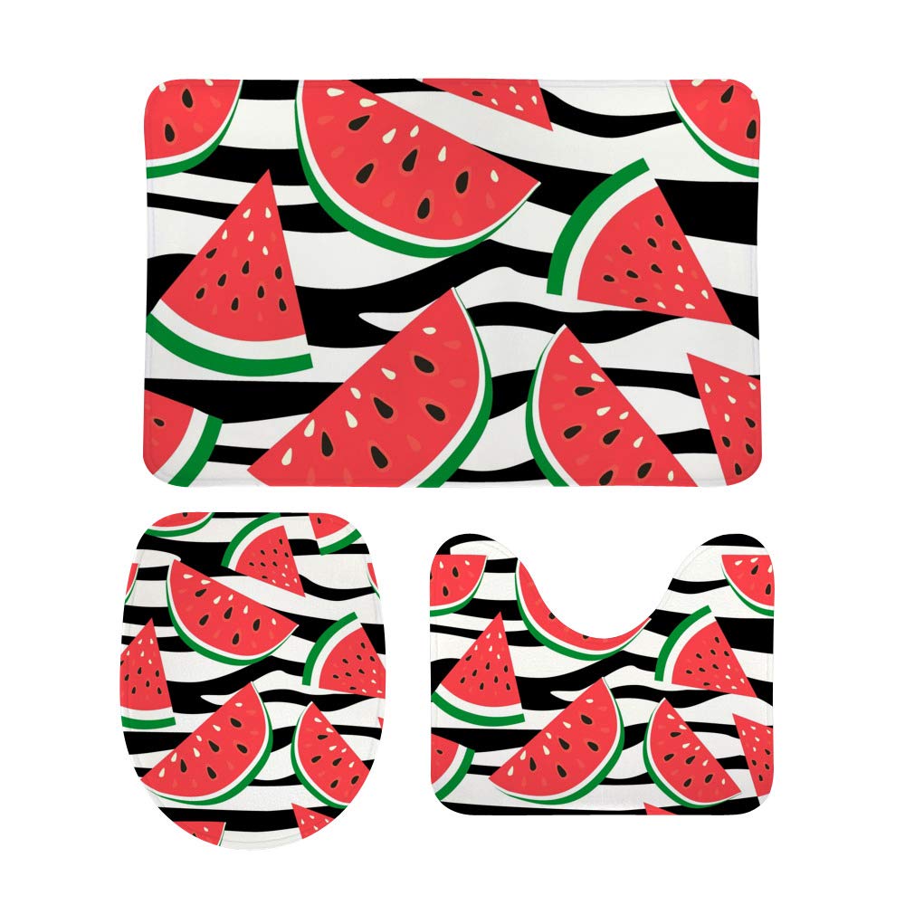 QAZPL 3-Piece Bathroom Rug Set - Non-Slip Watermelon Striped Contour Mats with Toilet Seat Cover | Soft Absorbent Washable Bath Mats for Tub & Shower Area | Perfect for Bathroom Decor & Safety