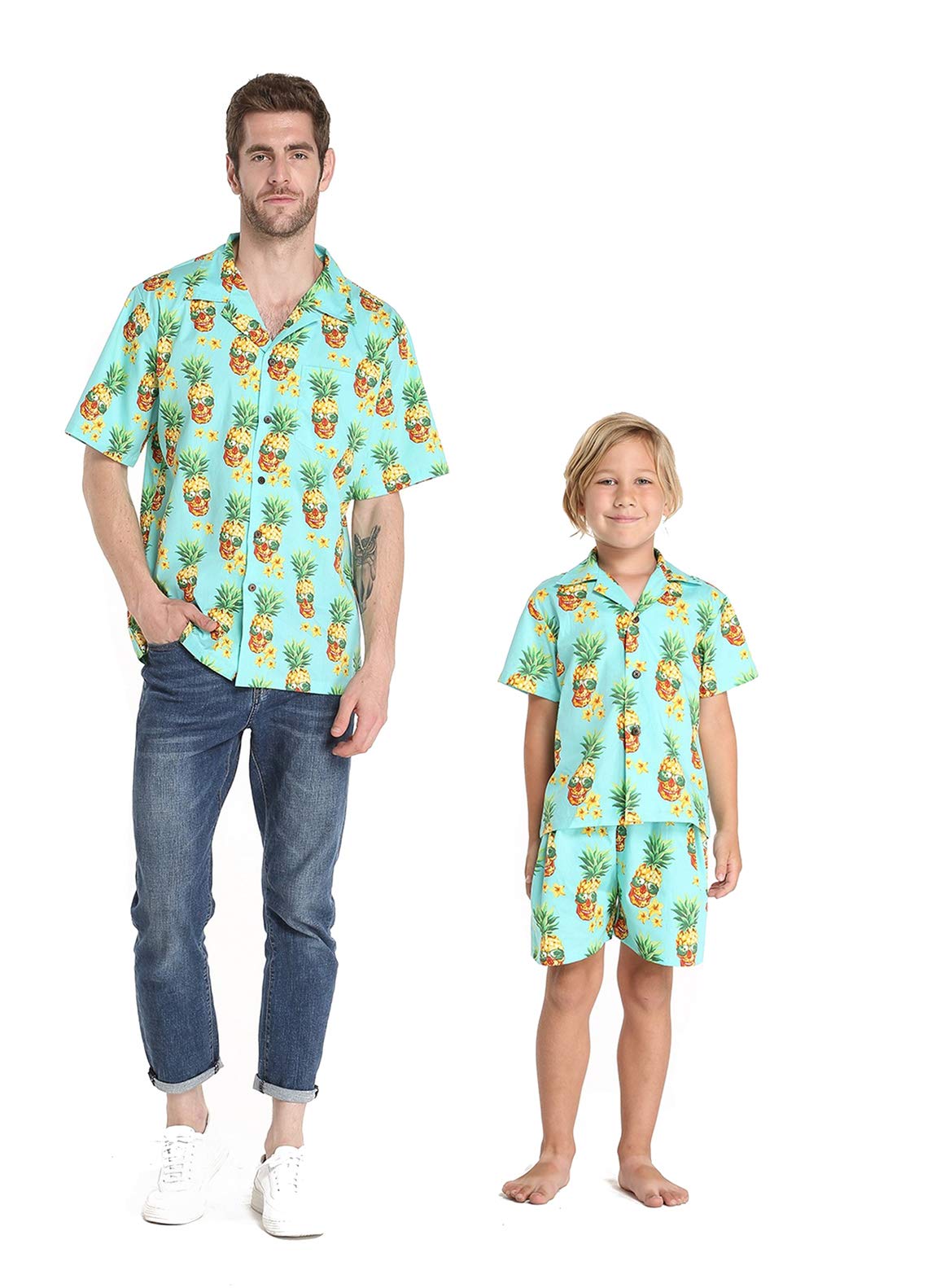 Hawaiian Luau Outfit for Father and Son - Matching Flamingo Print Shirts & Shorts Set - Classic White Tropical Beachwear for Family Vacations and Summer Parties