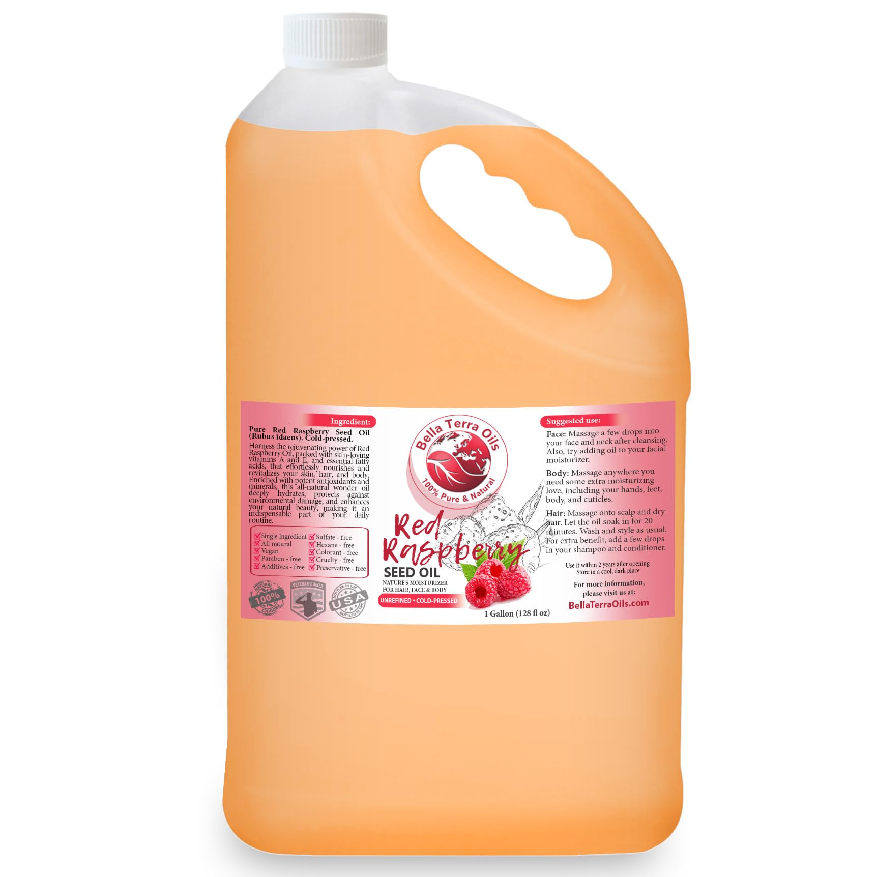 Pure Red Raspberry Seed Oil by Bella Terra – 1 Gallon, High in Antioxidants, Natural UV Protection & Deep Moisturizing for Skin & Hair Care – Perfect for DIY Beauty, Massage & Aromatherapy