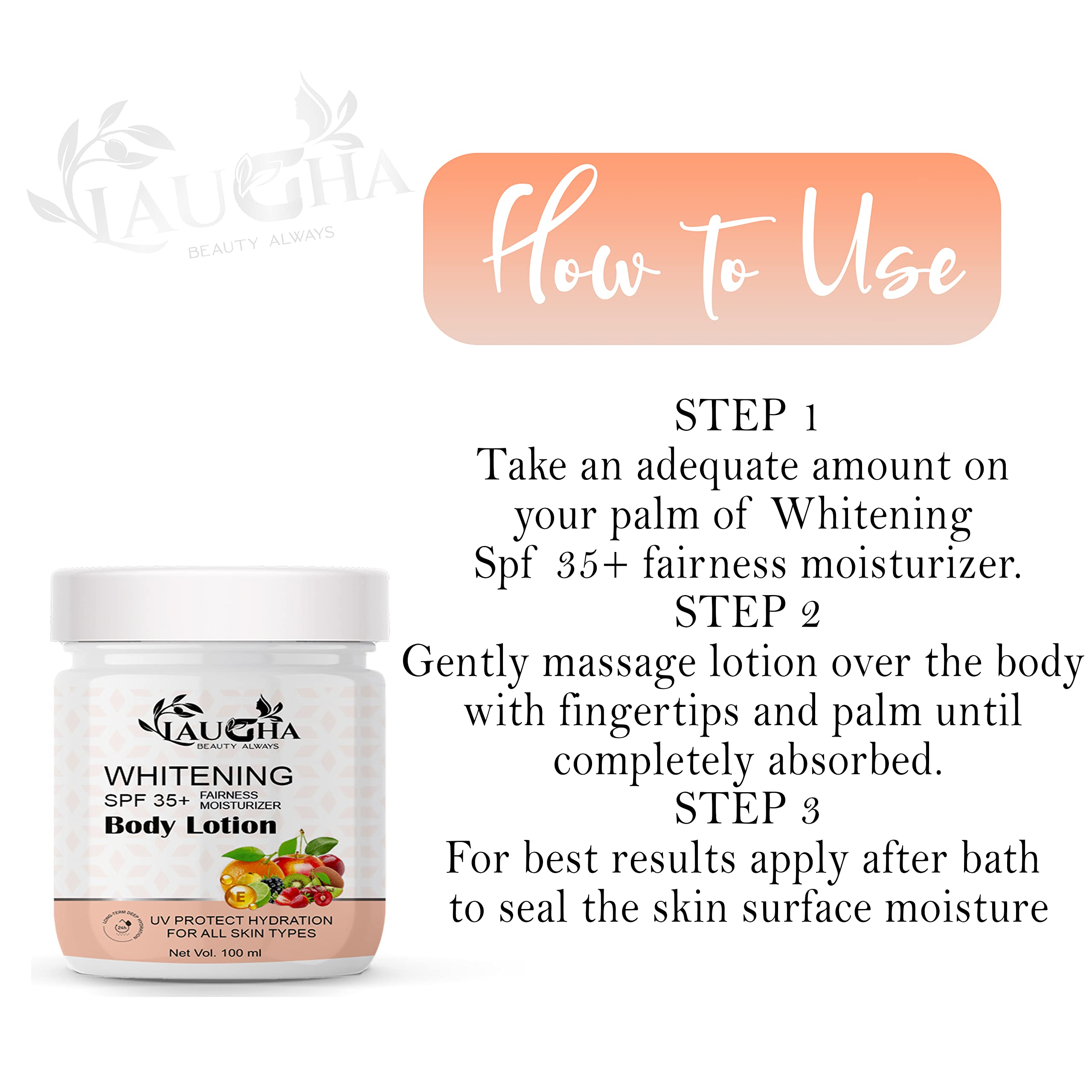 Laugha Whitening Body Lotion SPF 45+ - Brightening Moisturizer for Face, Hands & Body - Pack of 3 x 100ml Bottles - Perfect for Daily Sun Protection & Skin Lightening Care