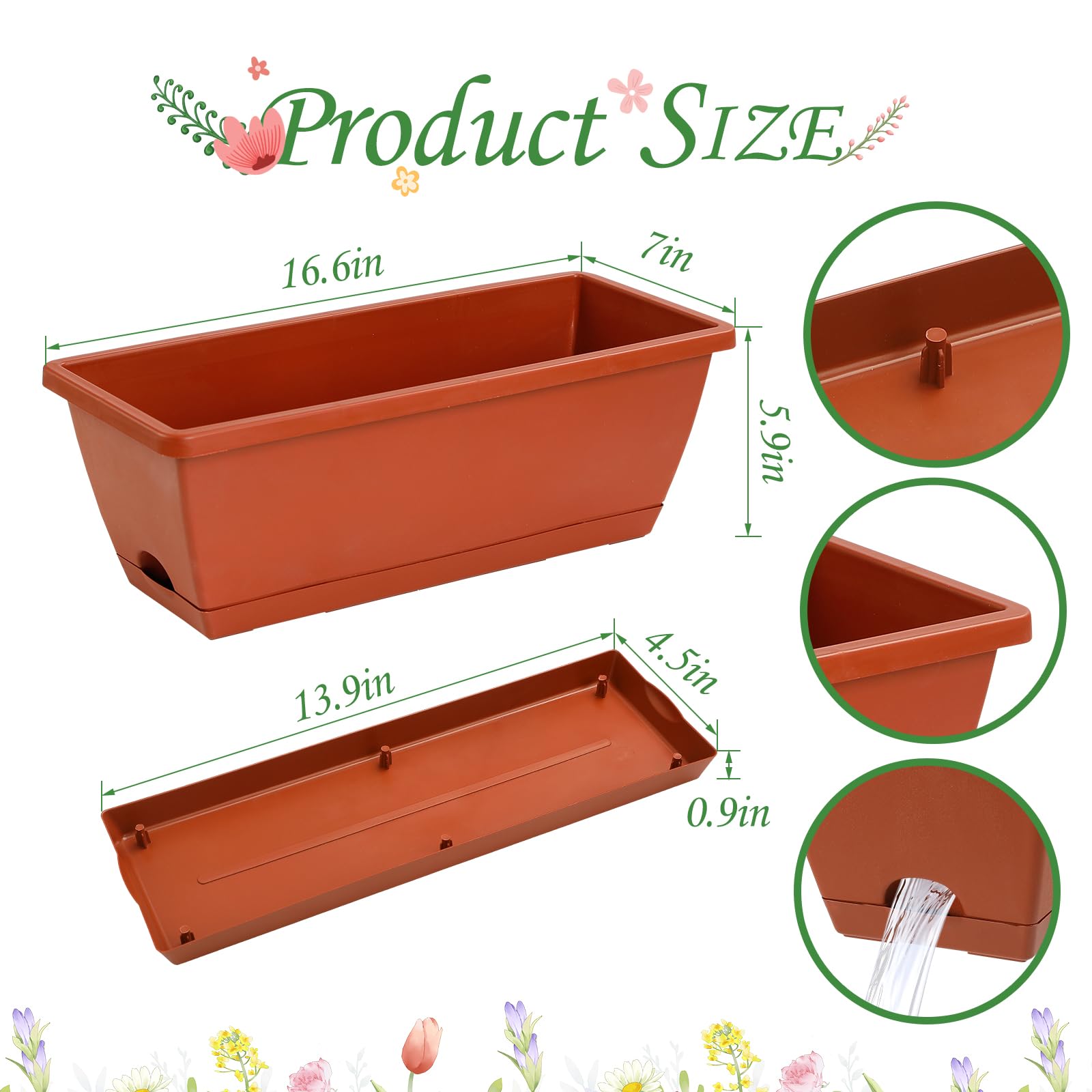 12Pcs 17-Inch Rectangle Plastic Planter Box with Drainage Holes & Trays - Indoor Outdoor Flower Pots for Plants, Patio, Garden, Home Decor, Porch, Yard - Perfect for Herbs, Succulents, Flowers & Vegetable Gardening (Red)
