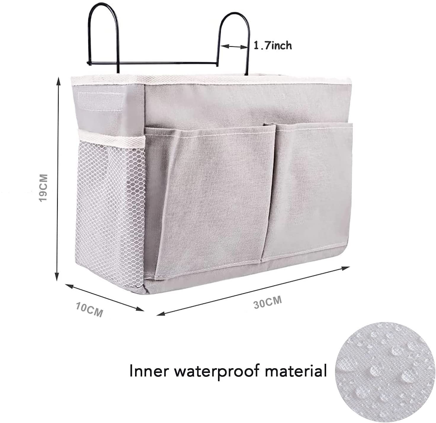Bedside Storage Pocket Organizer - Hanging Bedside Organizer with Hook for Home, Office, School, Dorm & Bedroom - White & Grey - Perfect for Storing Books, Phones & Essentials by Your Bed