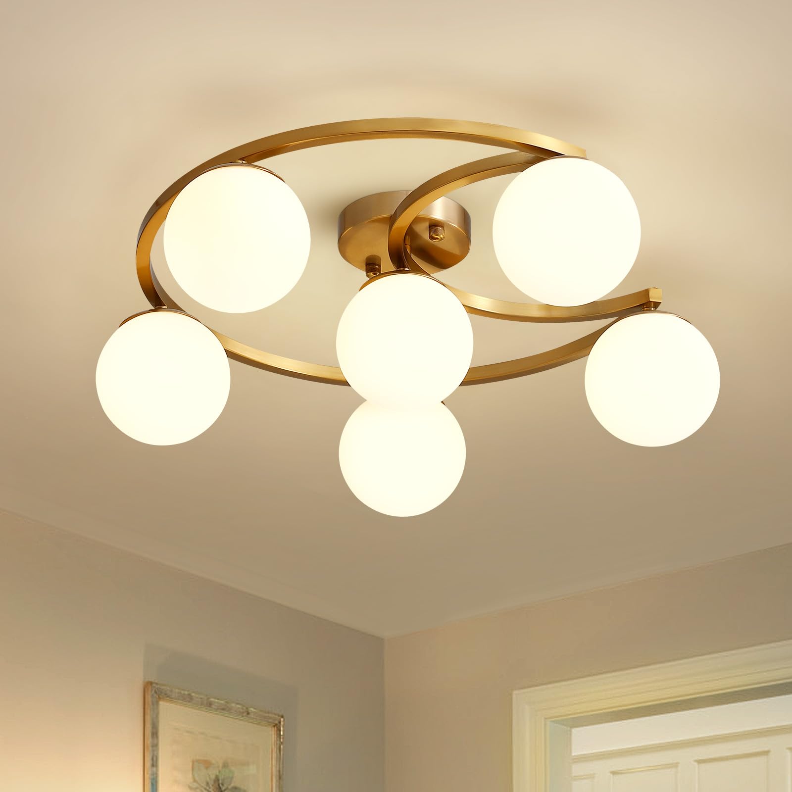 Siljoy 23-Inch Gold Mid-Century Modern Ceiling Light - 6-Light Sputnik Chandelier with Moon Globe Design - Semi Flush Mount Lighting Fixture for Bedroom, Dining Room & Living Room - Perfect for Vintage & Contemporary Home Decor