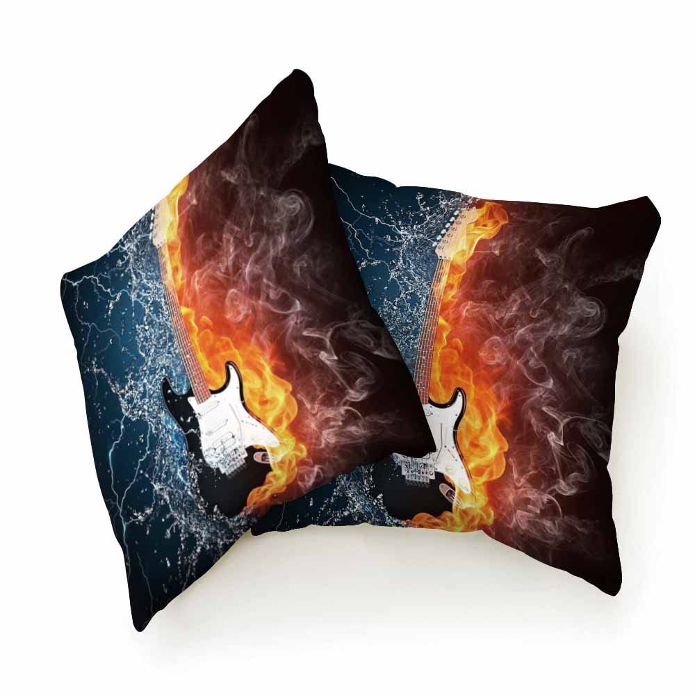 Electric Guitar Music Throw Pillow Covers 18x18 Inch - 2 Pack Soft Decorative Cushion Covers with Burning Fire & Liquid Water Design for Sofa, Couch, Bed - Perfect for Music Lovers' Living Room & Bedroom Decor