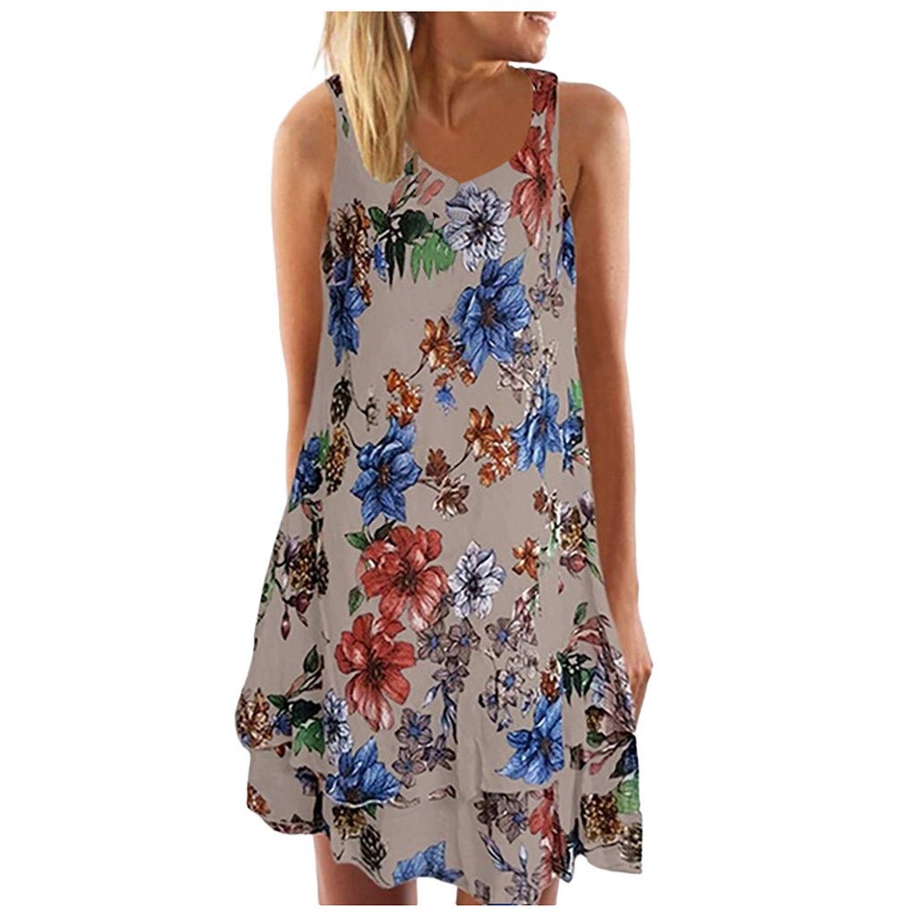 Aihihe Women's Summer Sleeveless Boho Floral Mini Dress - Plus Size Casual Tank Dress with Crew Neck, Loose Fit Short Dress for Beach, Vacation & Outdoor Parties
