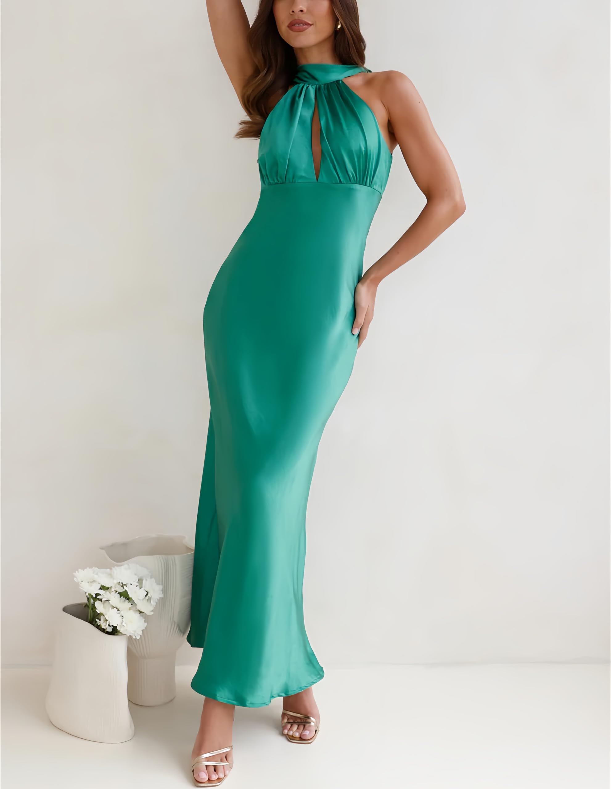 2024 Elegant Satin Cutout Halter Neck Midi Dress - Silk Sexy Sleeveless Backless Formal Gown with Empire Waist for Wedding Guest, Party, Cocktail & Special Occasions
