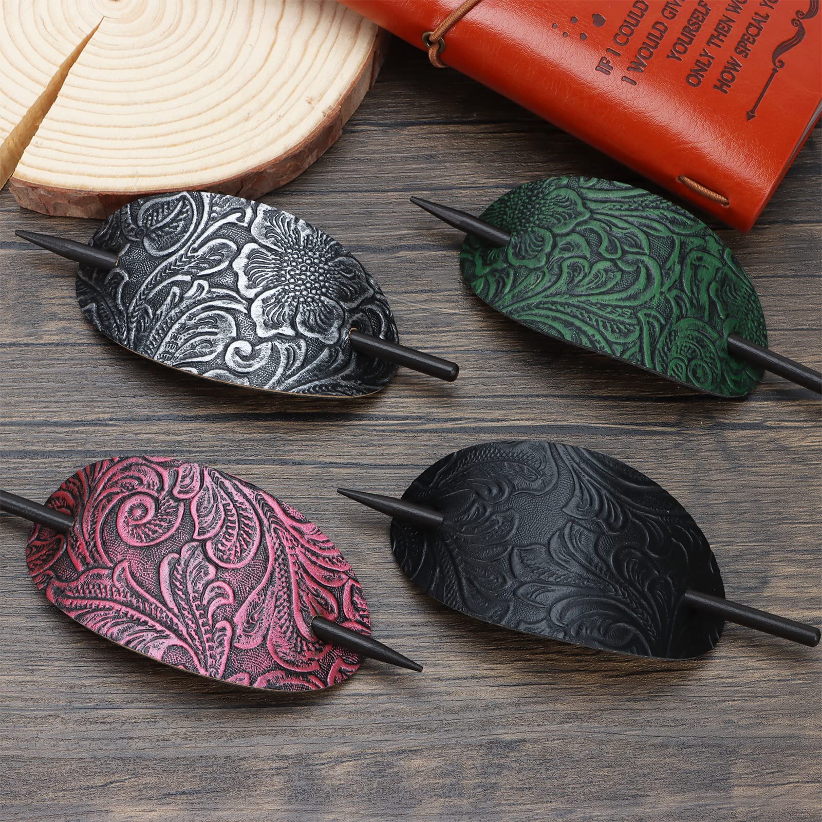 6 Pieces Leather Hair Barrettes with Stick Hair Accessories - Ponytail Clips, Hair Sticks & Pins for Women's Long Hair | Perfect for Weddings, Parties & Everyday Styling