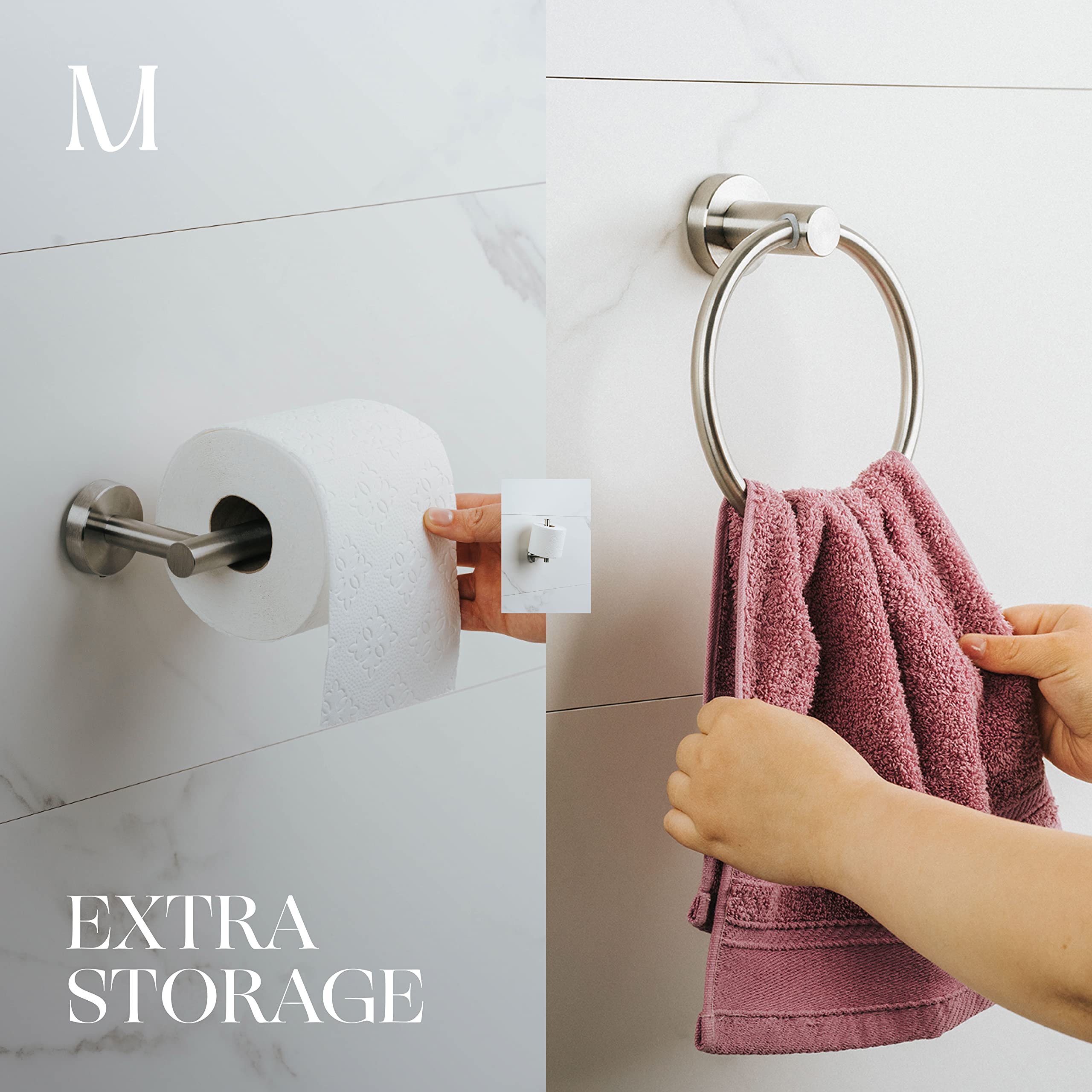Stainless Steel Bathroom Set - 2-Pc Towel & Toilet Paper Holder for Wall Mount - Brushed Steel Hardware for Modern Bathrooms