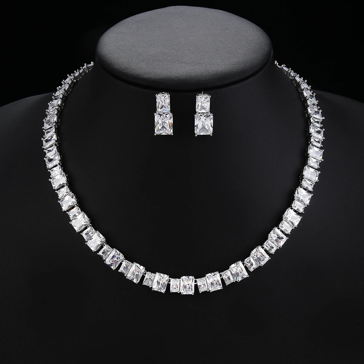 Luxury Square Cubic Zirconia Necklace and Earrings Set for Women - Elegant Wedding Bridal Jewelry Accessories - Perfect for Bridal Showers, Anniversaries & Formal Events