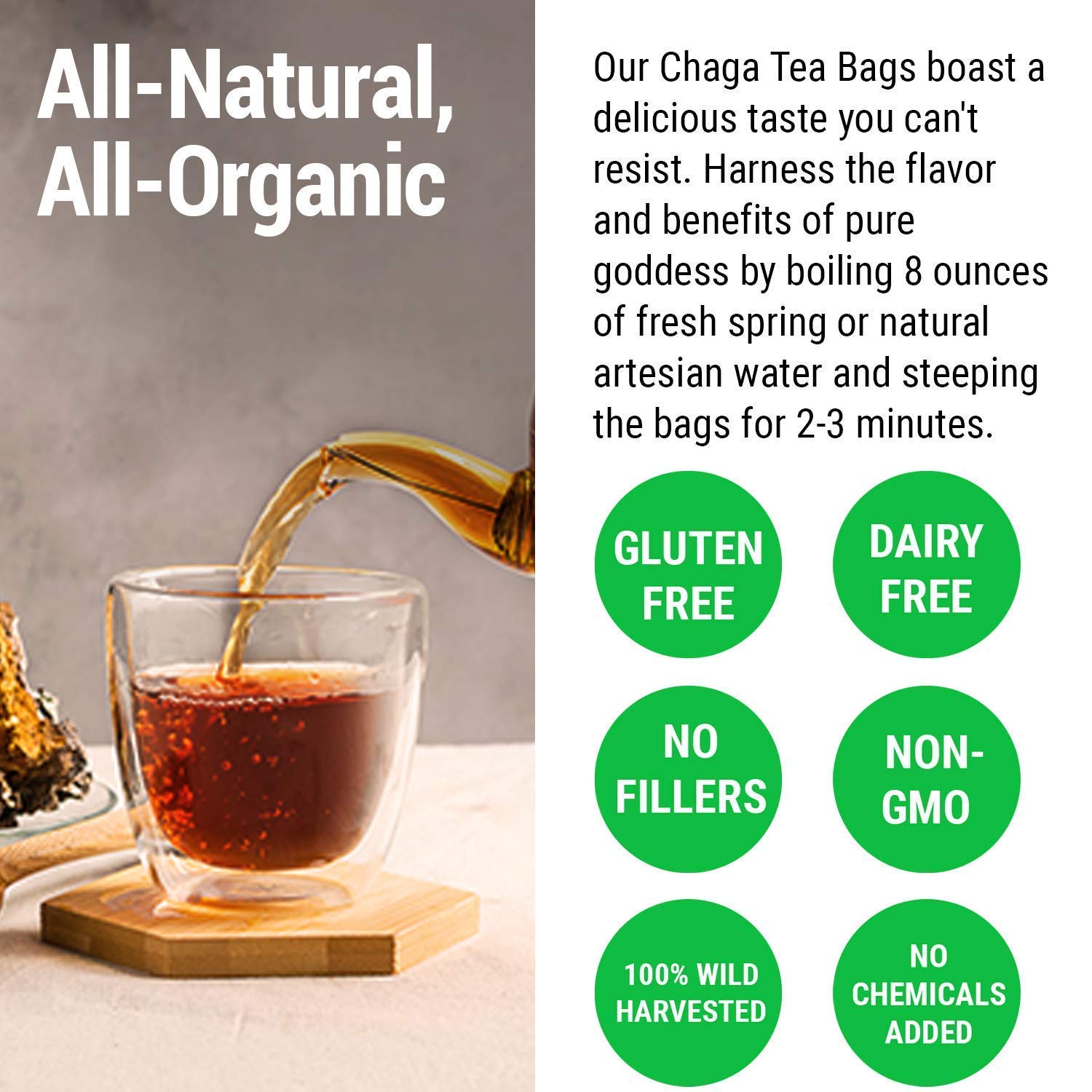 Organic Chaga Mushroom Supplements - 1lb Raw Chaga Powder, 90 Capsules & 20 Tea Bags | Immune Support, Antioxidant Boost | Perfect for Morning Tea, Wellness Routines & Natural Energy