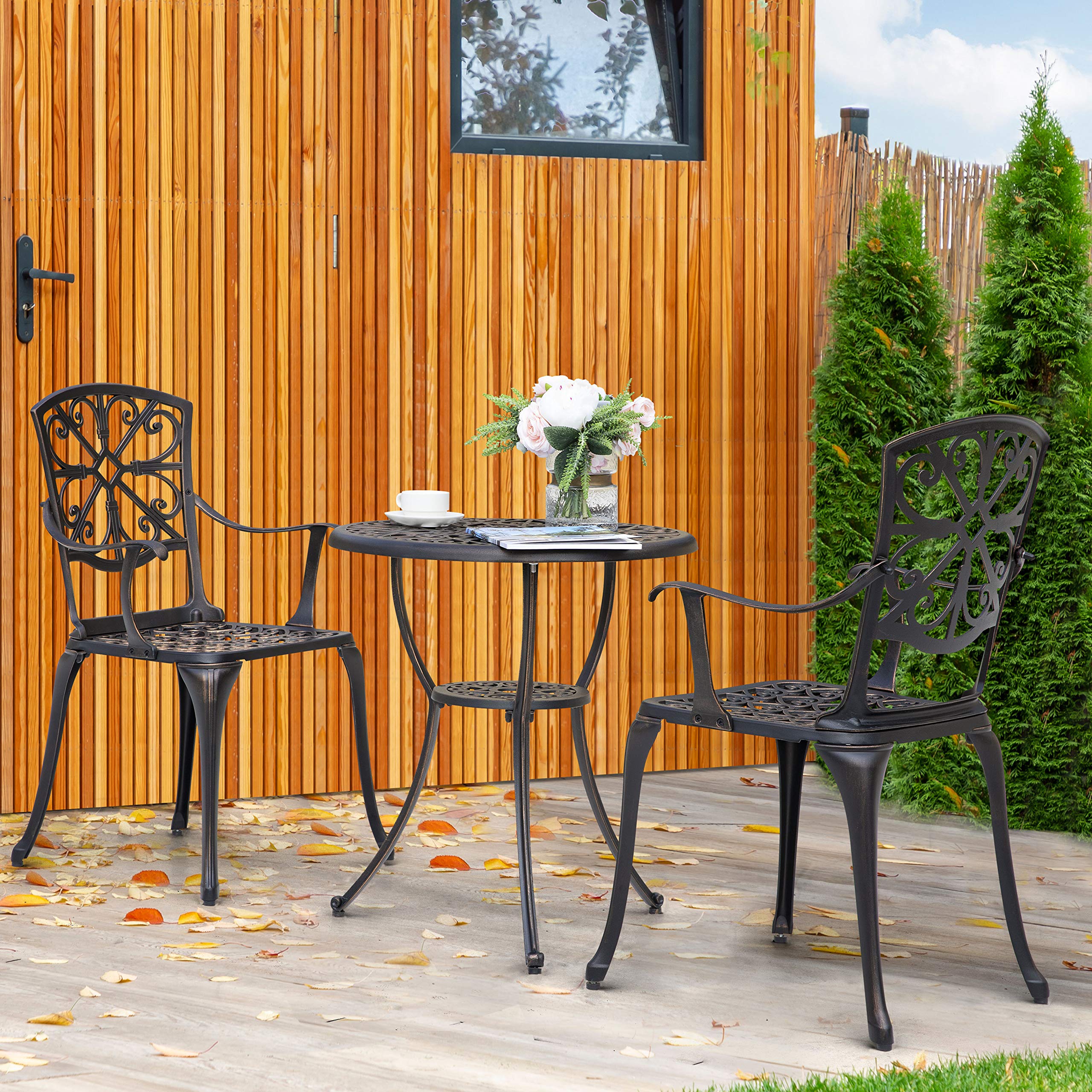 NUU GARDEN 3-Piece Outdoor Bistro Set - Rustproof Cast Aluminum Patio Table and Chairs with Umbrella Hole - Perfect for Backyard, Balcony, Front Porch, Garden & Poolside (Black)