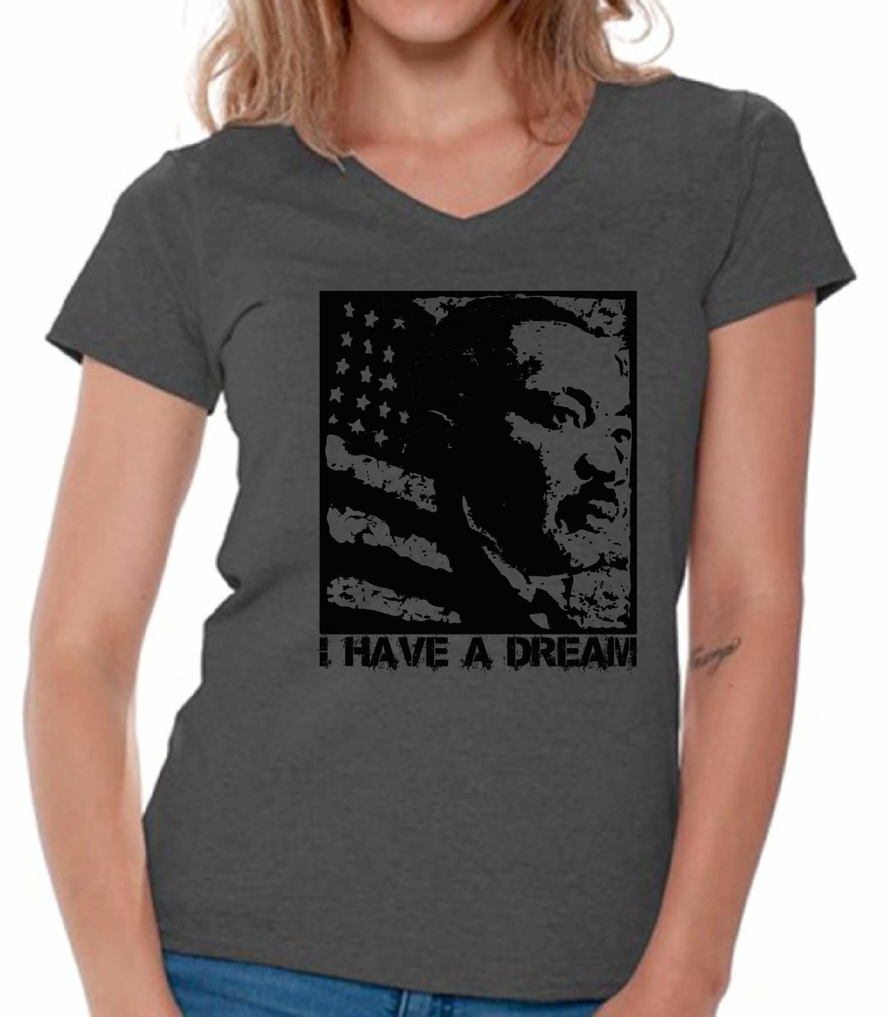 Pekatees Women's MLK Jr. V-Neck T-Shirt - Dr. Martin Luther King Graphic Tee - Casual Comfort Fit Cotton Top for Everyday Wear & Social Justice Awareness