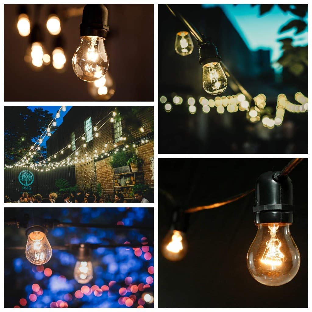 100 Foot Commercial Grade Outdoor String Lights - 50 Sockets with 11 Watt S14 Clear Bulbs - Perfect for Patio, Garden, Backyard, and Restaurant Lighting