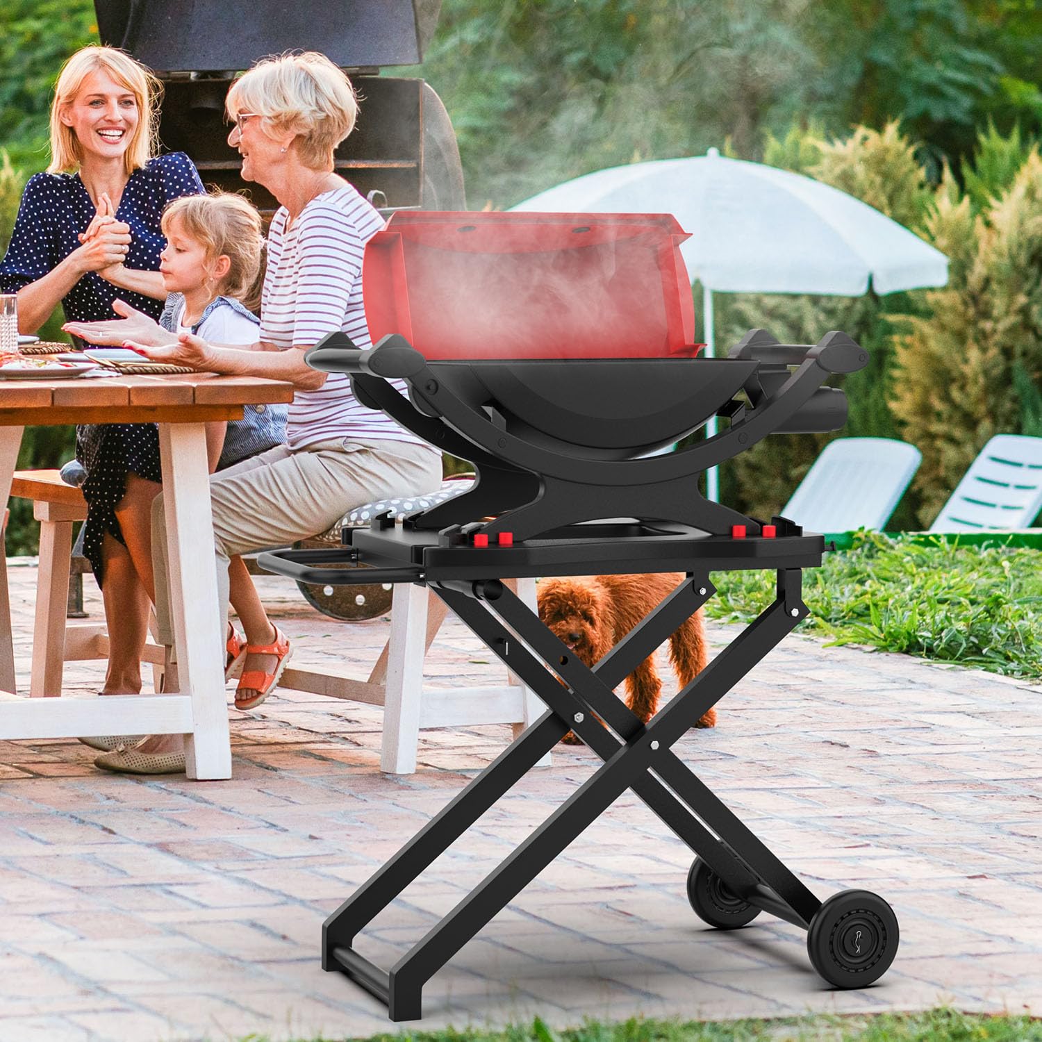 Heavy-Duty Portable Grill Cart for Weber Q1200 Q1000 Q2000 Q1400 - Collapsible BBQ Stand with 2 Wheels, Outdoor Cooking Table for Camping, Tailgating & Backyard Grilling - Black