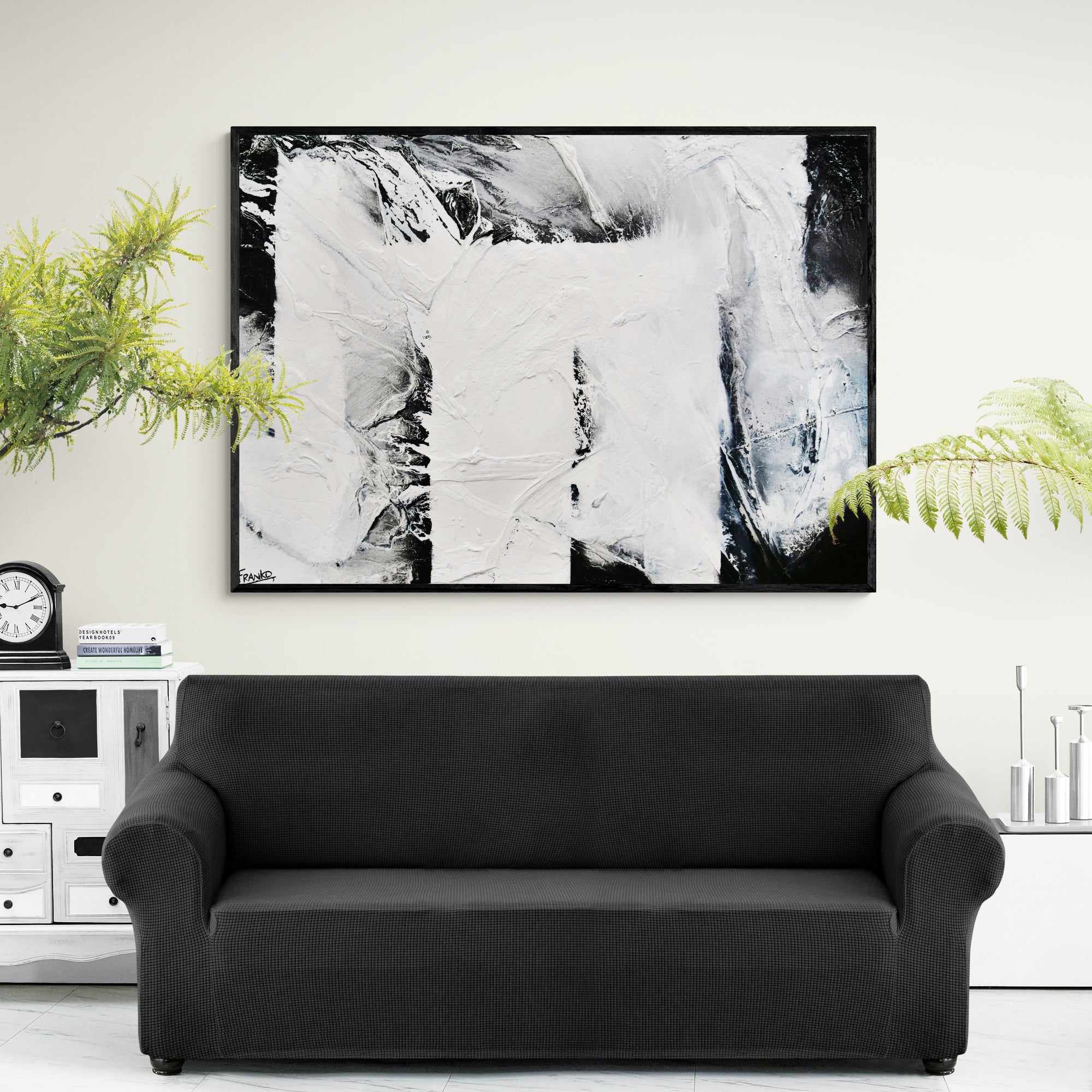 140cm x 100cm Black & White Abstract Carbon Fiber Textured Wall Art Painting - Modern Home & Office Decor for Living Room, Bedroom, Dining Area