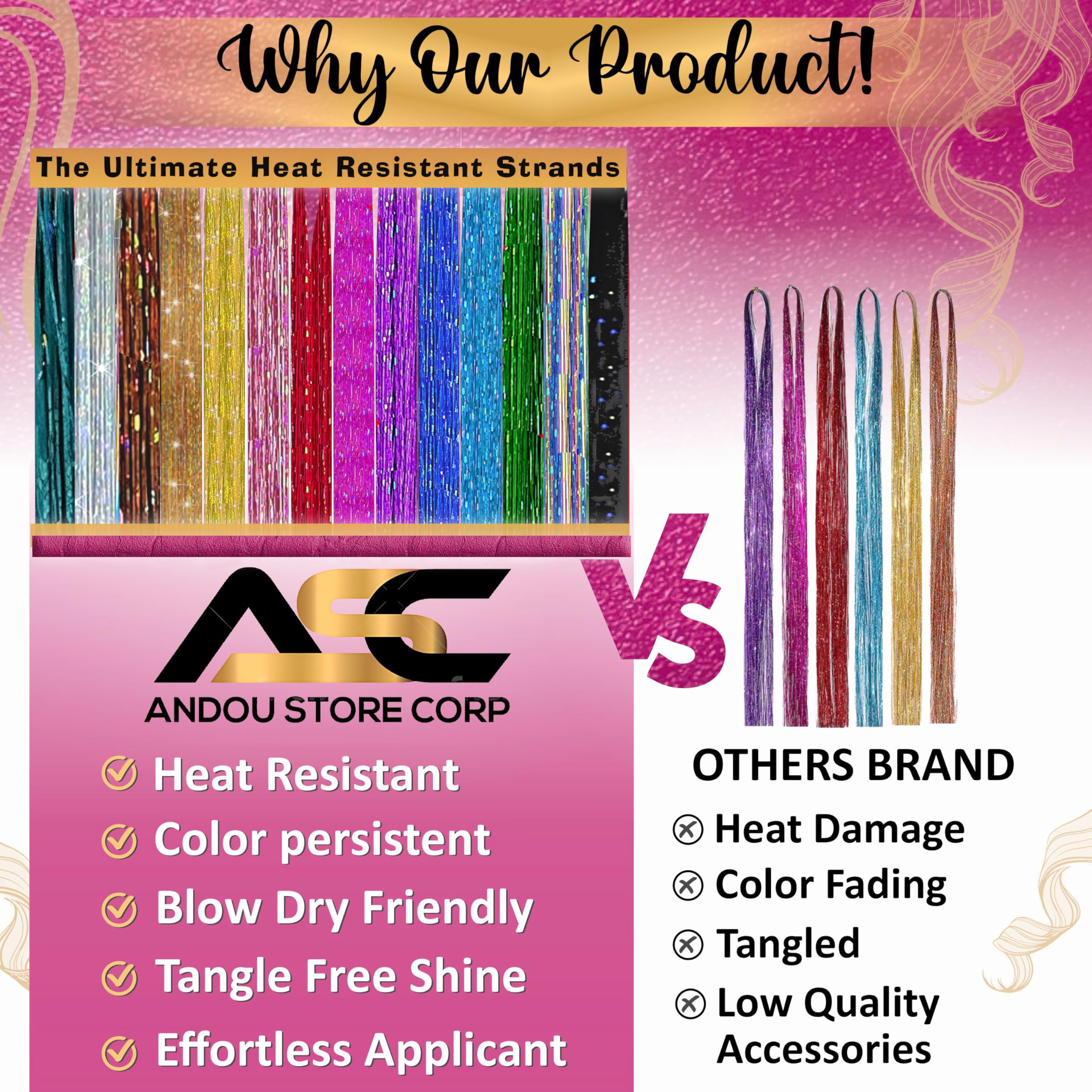 Andou 14 Colors 3500 Strands Heat Resistant Hair Tinsel Kit for Girls, Women & Kids - 48 Inch with Wooden Threader, Crochet Hook, Plier, Hair Clips & 200 Beads | Perfect for Parties, Festivals, Cosplay & Hair Styling