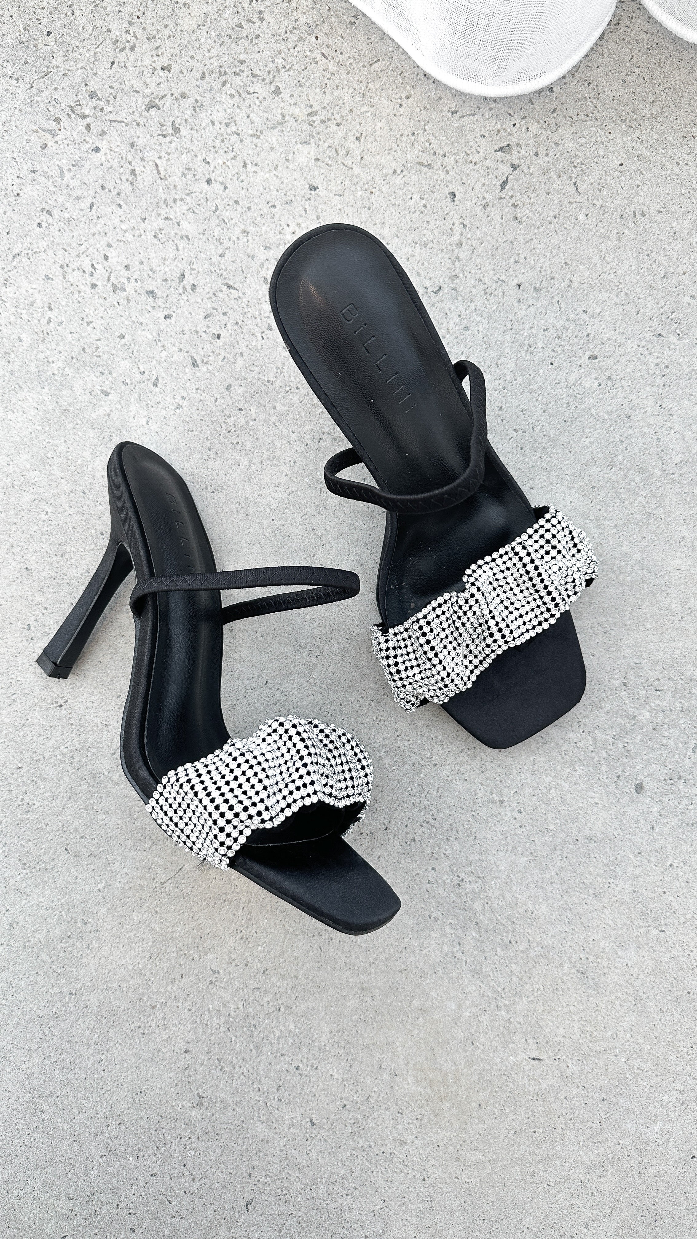 Brandi Black Satin Diamante Heels - Elegant Women's High Heel Shoes for Party, Wedding & Evening Events