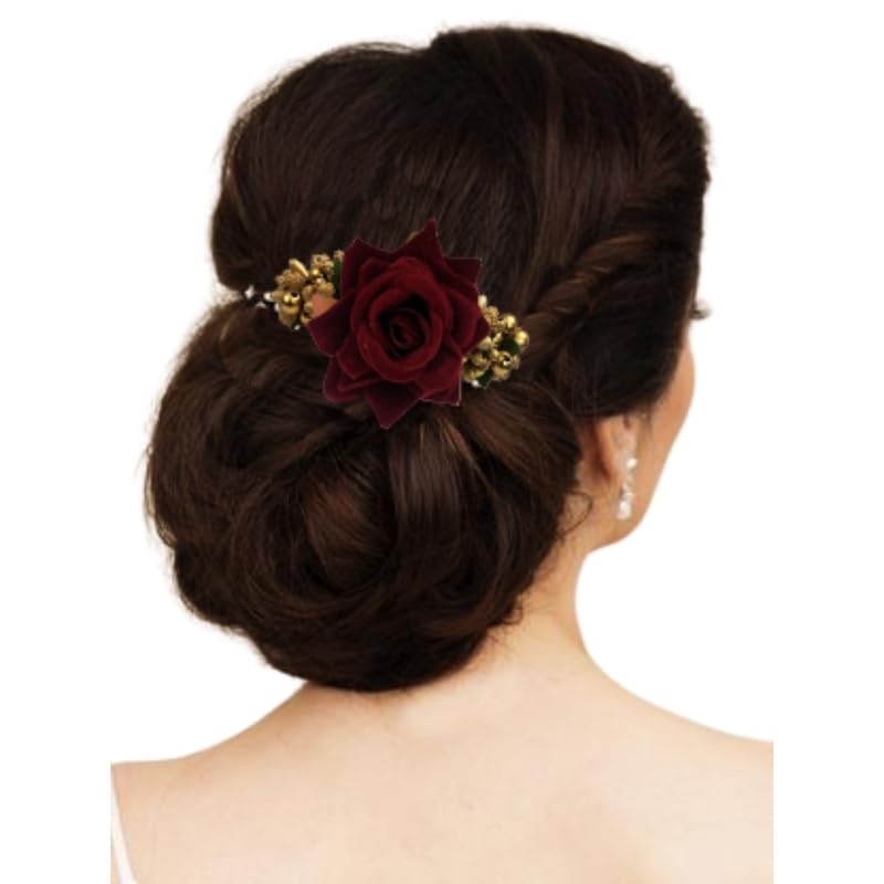 Rose Comb Slide Hair Pin - Vintage Floral Hair Accessories for Women & Girls, 1941 Maroon Artificial Flower Hair Clip - Perfect for Weddings, Parties & Special Occasions