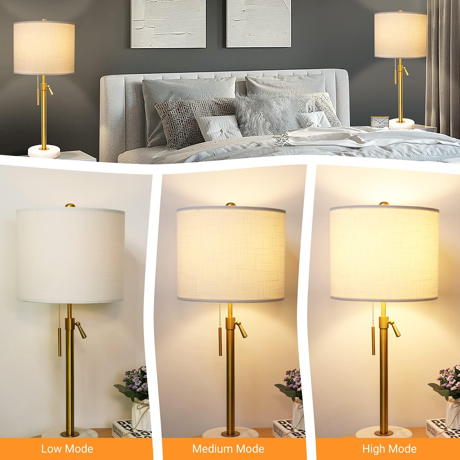 Modern 3-Piece Table & Floor Lamp Set - Adjustable Gold Lamps with Fabric Shades & Marble Base | Dimmable Pull Chain Bedside & Standing Lamps (Includes 3 LED Bulbs) - Perfect for Living Room, Bedroom & Office Lighting Decor