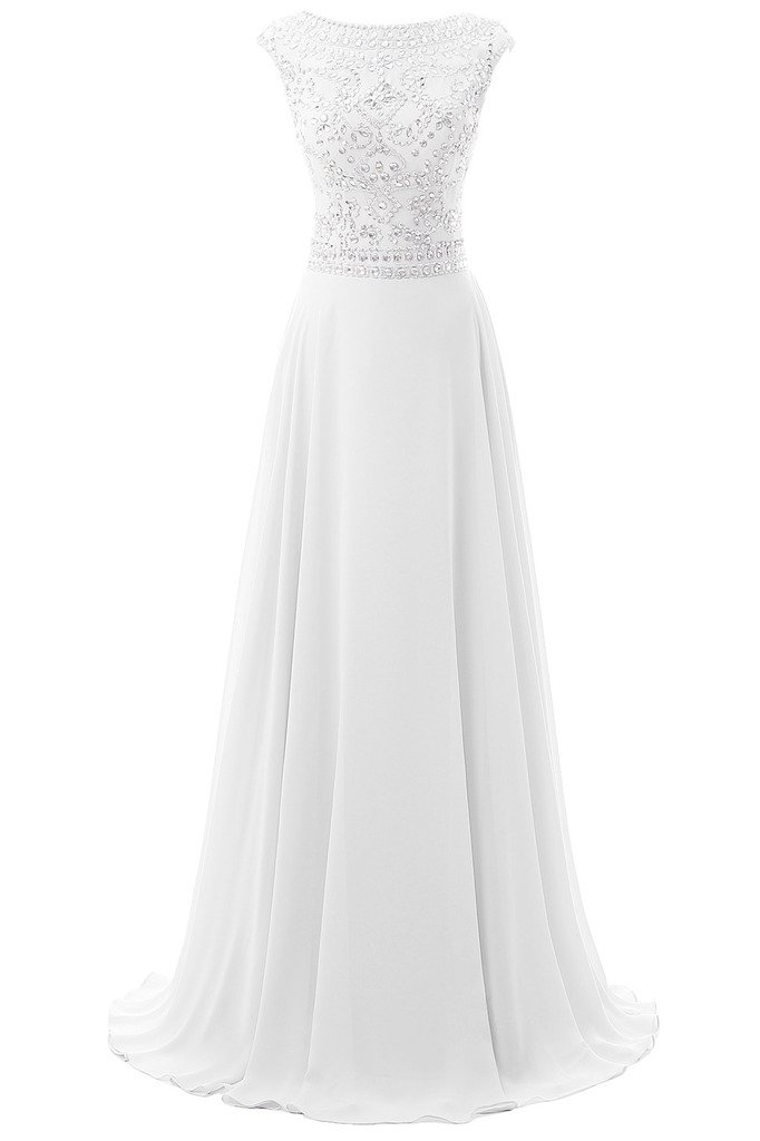 Elegant Long Chiffon Bridesmaid Dress with Cap Sleeves & Beaded Details - White Plus Size US 24 - Perfect for Weddings, Proms & Formal Evening Events