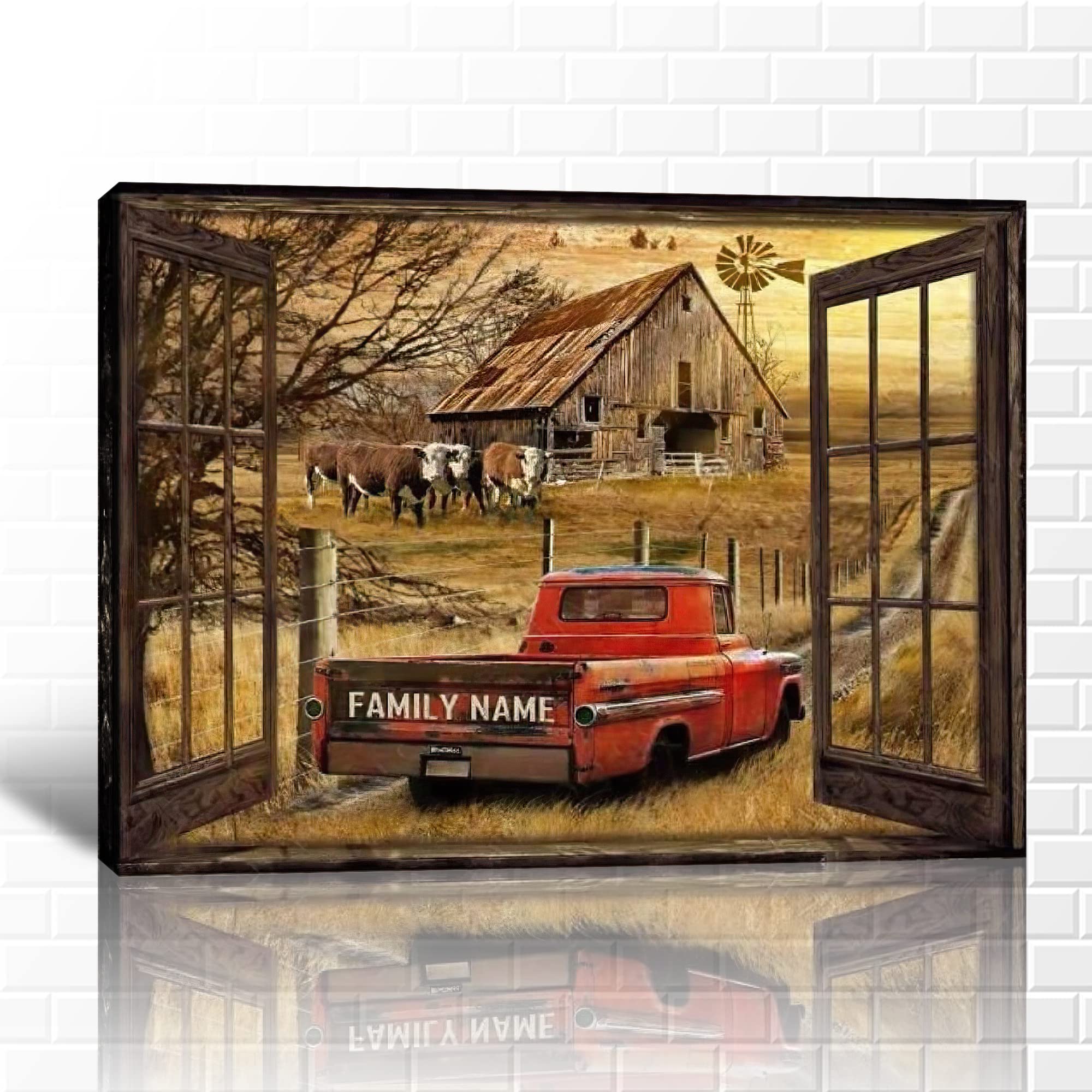 Farmhouse Truck Wall Art - Vintage Red Truck Canvas Prints, Rustic Barn Picture for Home Decor, Framed Country Painting & Car Poster (32x48 Inches) - Perfect for Living Room, Bedroom, Office & Cabin Wall Decor
