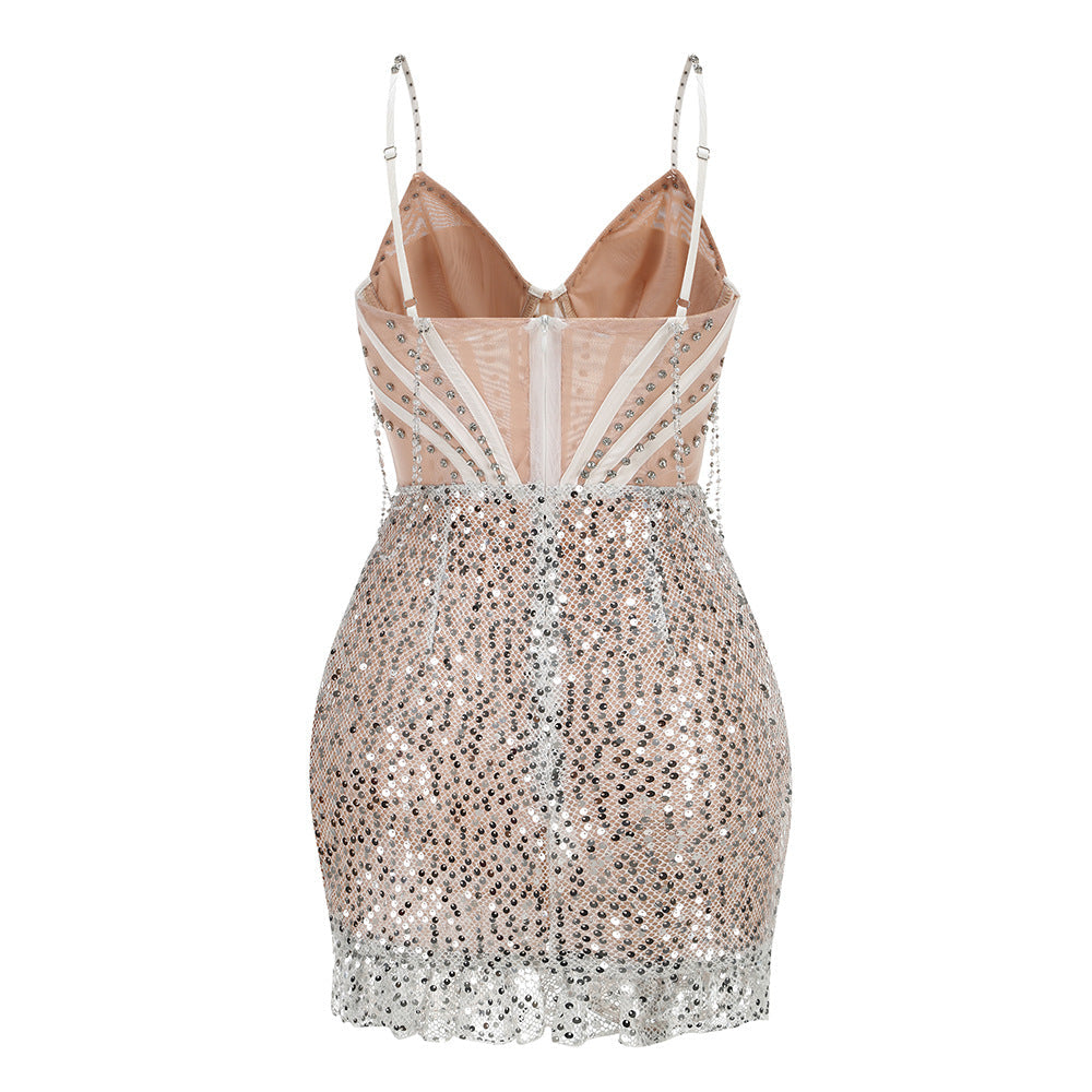 Annabelle Women's Smocked Shoulder Chain Rhinestone Sequin Party Dress - Perfect for Evening Gala, Prom, Cocktail Party & Special Occasions