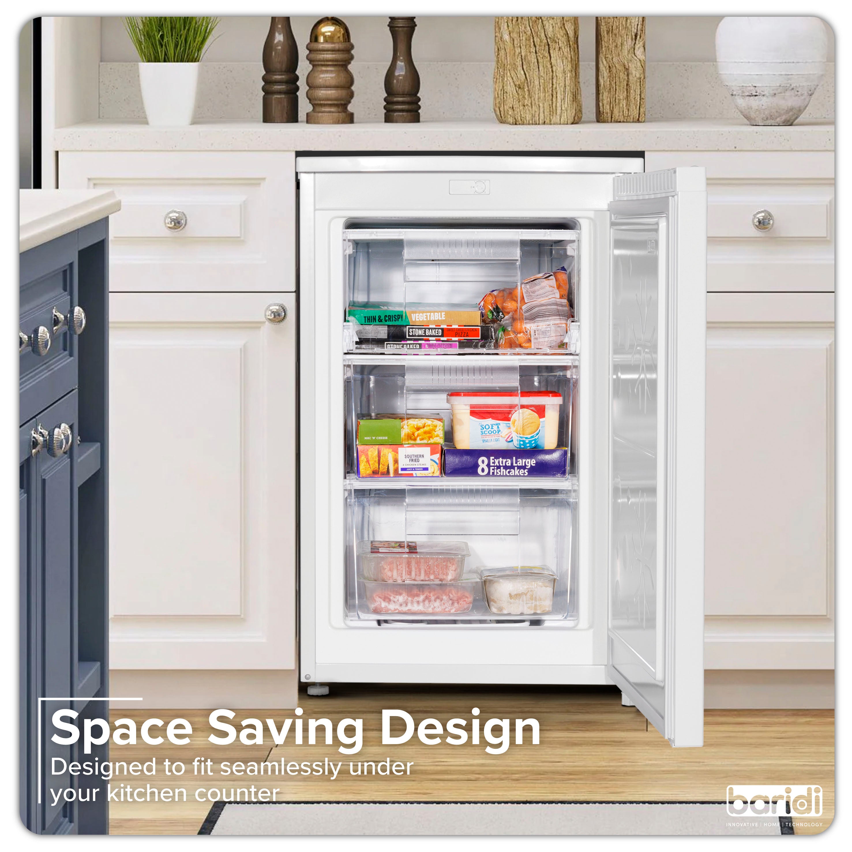 Baridi 55cm Undercounter Freezer with Adjustable Thermostat, 4 Star Energy Rating, 85L Capacity, White - Perfect for Home, Kitchen, Restaurant & Commercial Use - Model DH250
