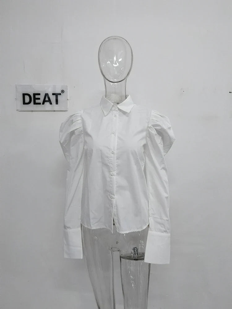 DEAT Fashion Women's Long Sleeve Puff Sleeve Lapel Single Breasted White Cotton Blouse - Elegant Office Wear & Autumn Casual Shirt for Women (Style 7AB1171) | Perfect for Work, Dating and Fall Outfits