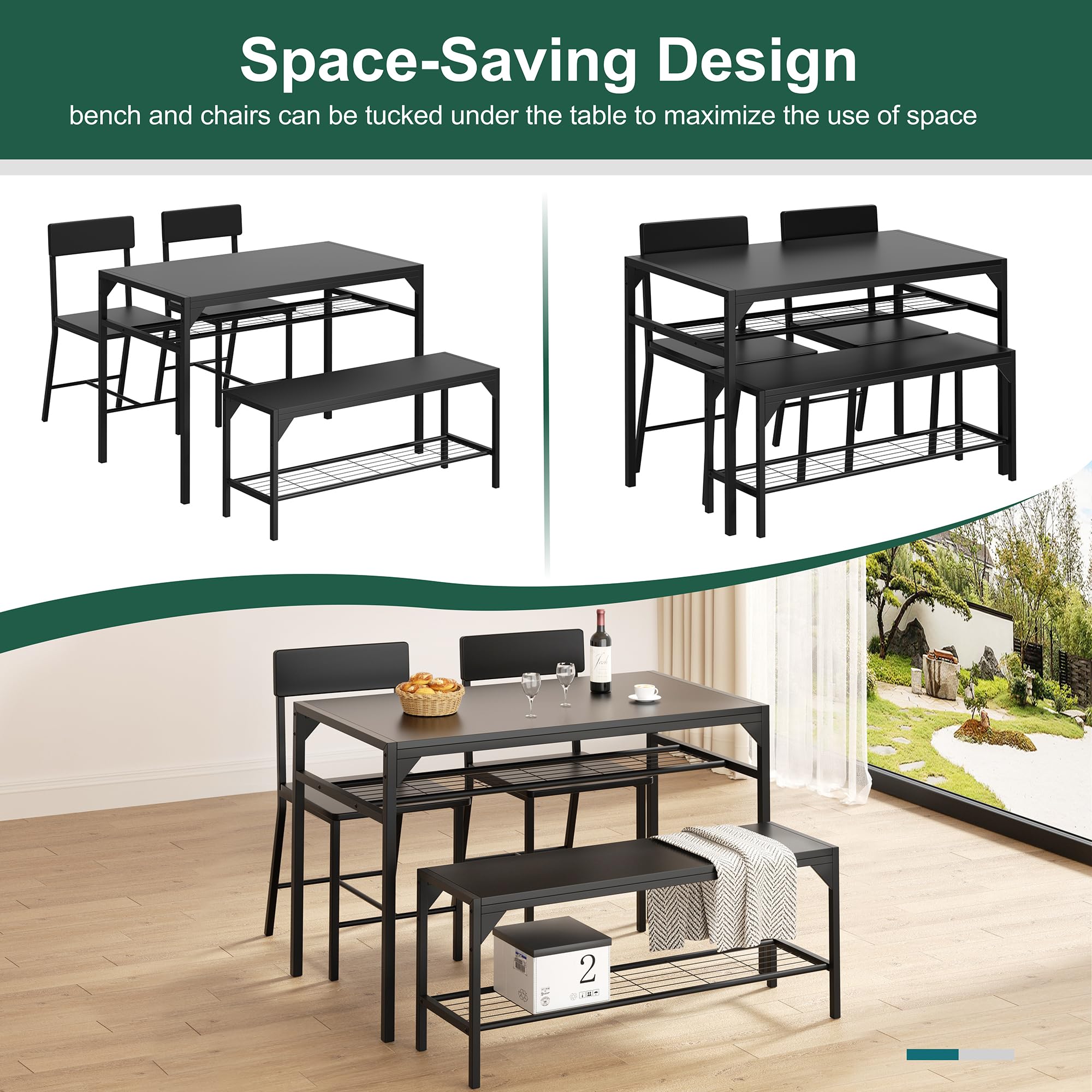 Shintenchi 4-Piece Kitchen Dining Set with Table, Bench, Chairs & Storage Rack - Space-Saving Metal Frame Design for Small Apartments - Perfect for Breakfast Nooks, Compact Kitchens and Cozy Dining Areas (Black)