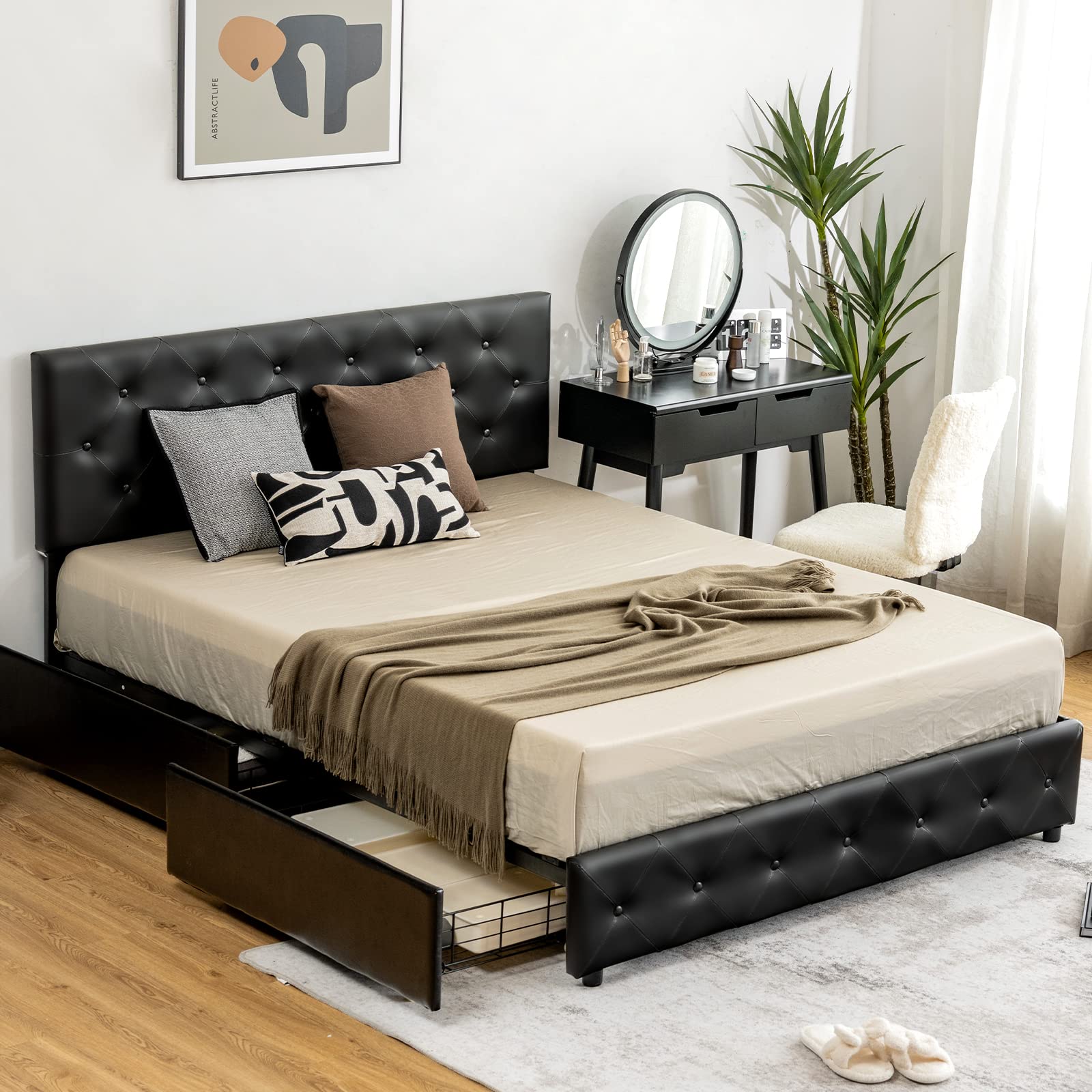 Giantex Full Size Upholstered PU Leather Platform Bed Frame with 4 Storage Drawers, Adjustable Headboard & Solid Wood Slats - No Box Spring Needed - Button Tufted Mattress Foundation - Easy Assembly - Black - Perfect for Small Bedrooms & Guest Rooms