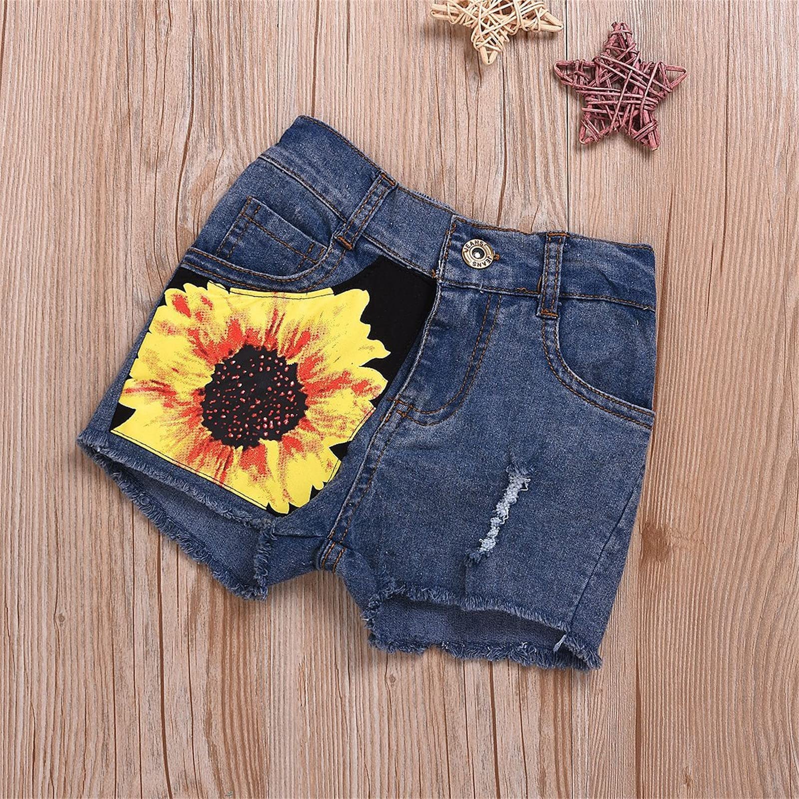 Kids Summer Outfits - Sunflower Print Shorts & Vest Set for Girls & Boys | Denim Letter Tops | Size 5 Baby Clothes | Perfect for Beach, Playdates & Outdoor Activities