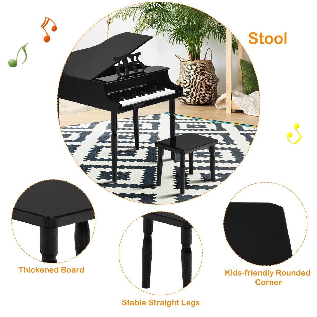 Costzon 30-Key Wooden Toy Grand Piano with Music Stand & Bench - Mini Musical Instrument for Kids, Ideal for Children's Room & Playroom - Perfect Birthday & Christmas Gift (Black, Straight Leg) - Encourage Early Music Education & Creative Play