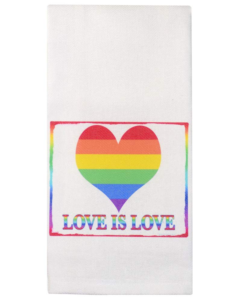 Herringbone Weave Cotton Kitchen Towel - Love is Love Rainbow Heart Design, 16