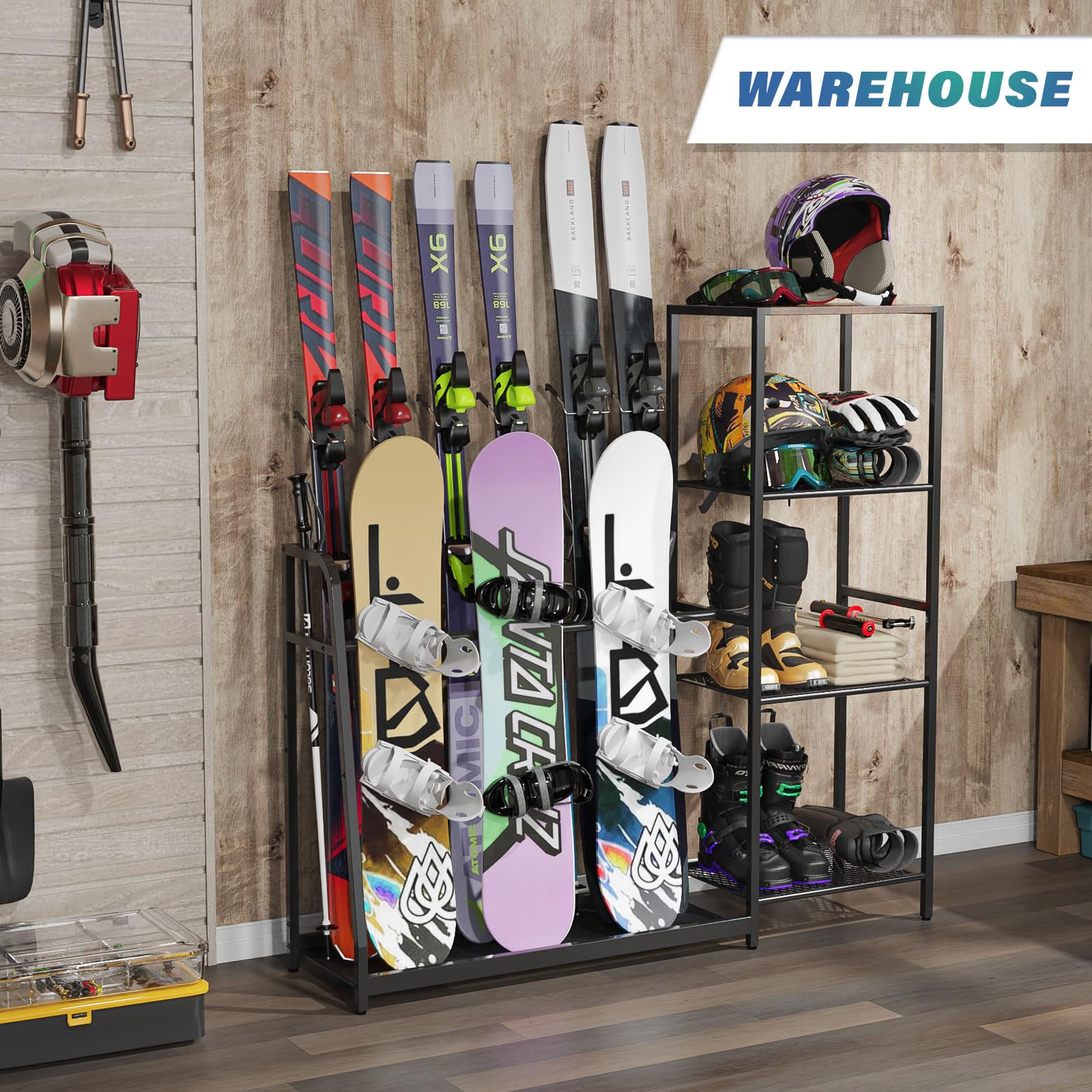 Freestanding Snowboard and Ski Rack - Holds 4 Pairs of Skis, 3 Snowboards, Boots, Poles, Goggles & Helmets - Space-Saving Garage, Shed, Basement Storage for Winter Sports Gear - Perfect for Organizing Equipment in Ski Resorts, Cabins, and Home Storage