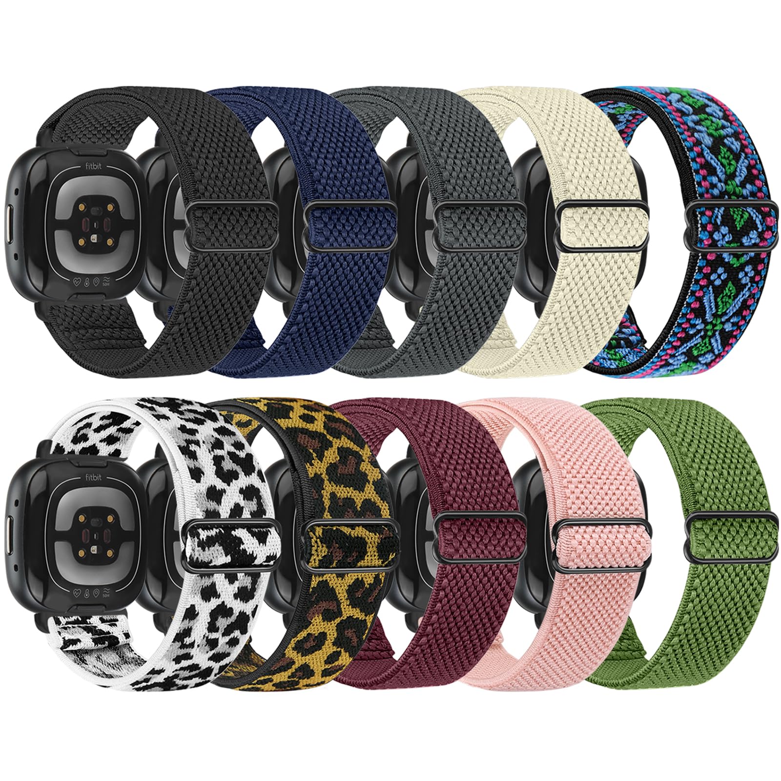 Tiptops 10 Pack Elastic Replacement Bands for Fitbit Sense/Versa 3/Versa 4/Sense 2 - Adjustable Stretchy Nylon Solo Loop Sport Strap for Women & Men - Perfect for Workouts, Running & Daily Wear