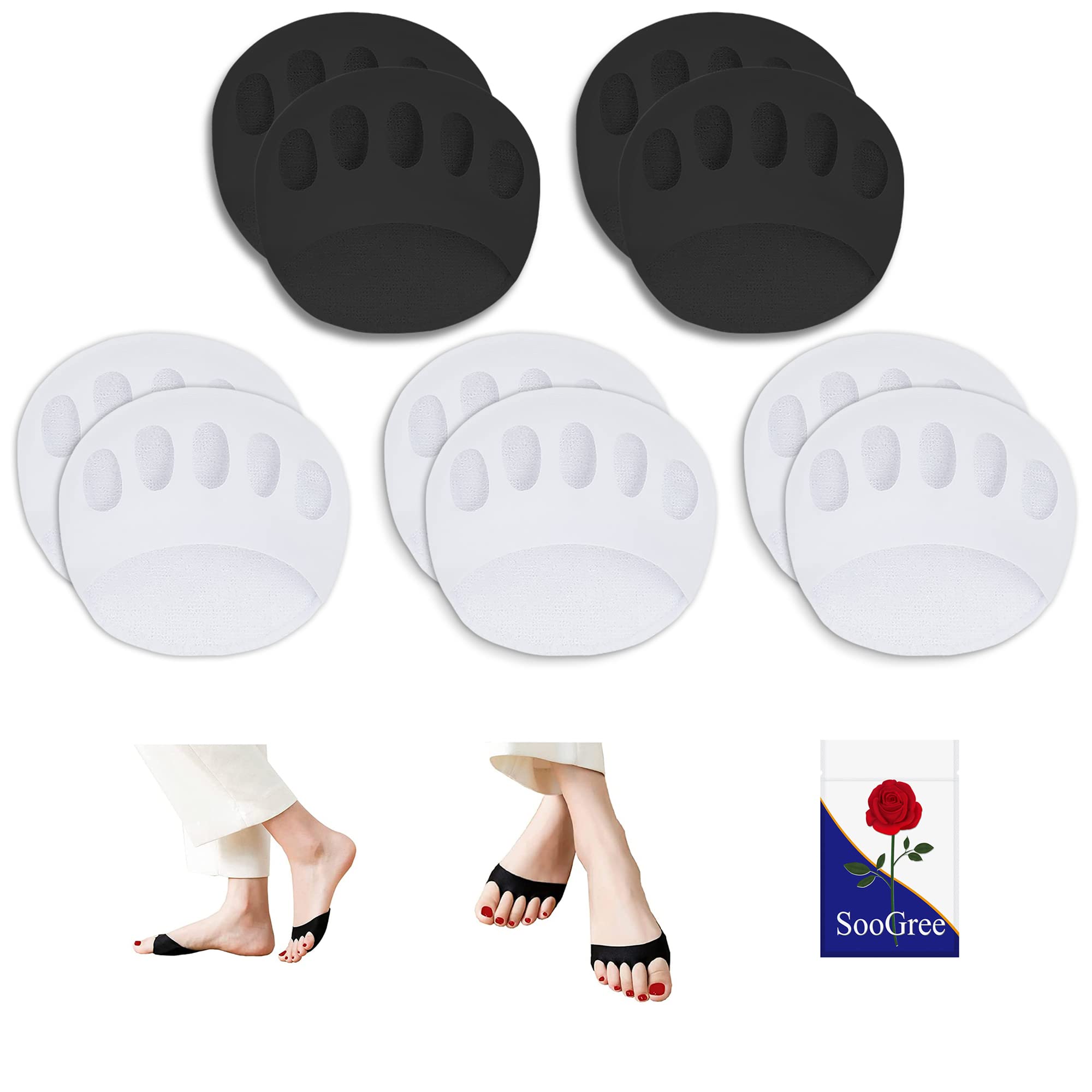 Metatarsal Pads for Ball of Foot Pain Relief (5 Pairs Black & White) - Breathable Invisible Socks for Women & Men - Soft Forefoot Cushions for Blisters, High Heels & Running - Ideal for Work, Sports & Daily Comfort