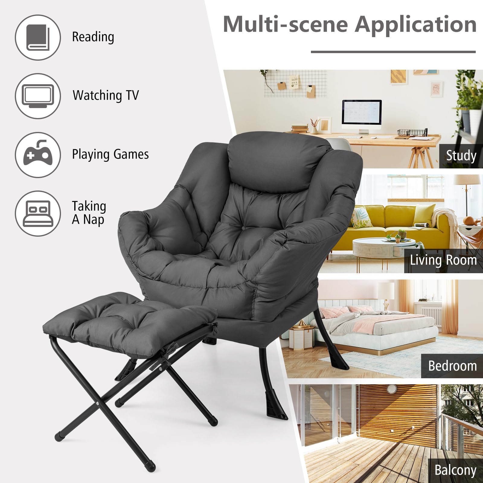 Giantex Oversized Lazy Chair with Ottoman - Gray Upholstered Lounge Armchair with Foldable Footrest & Side Pocket - Perfect for Living Room, Bedroom, Office & Small Space Relaxation