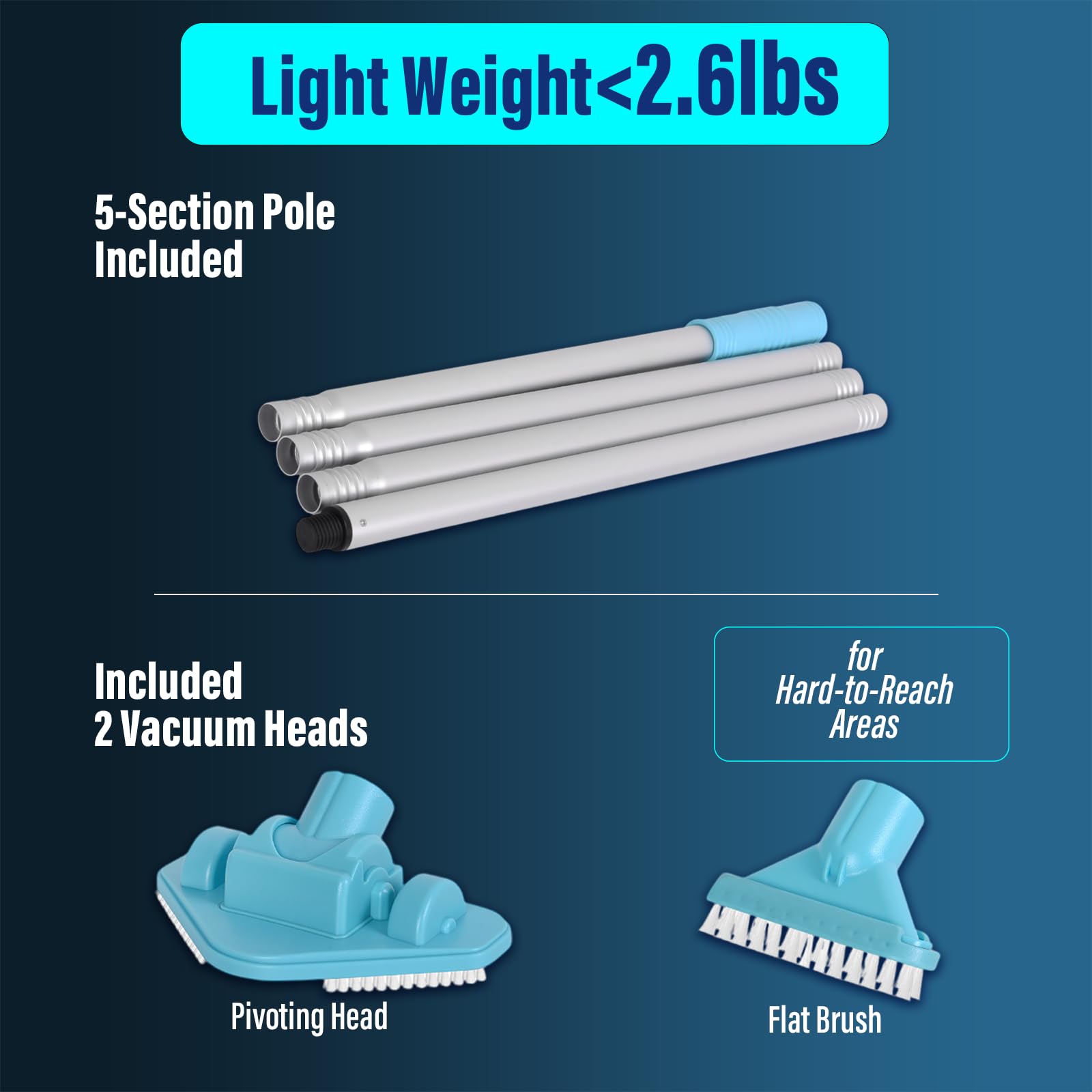 Rechargeable Cordless Pool Vacuum - Adjustable Pole & Brush Heads for Above-Ground Pools & Spas