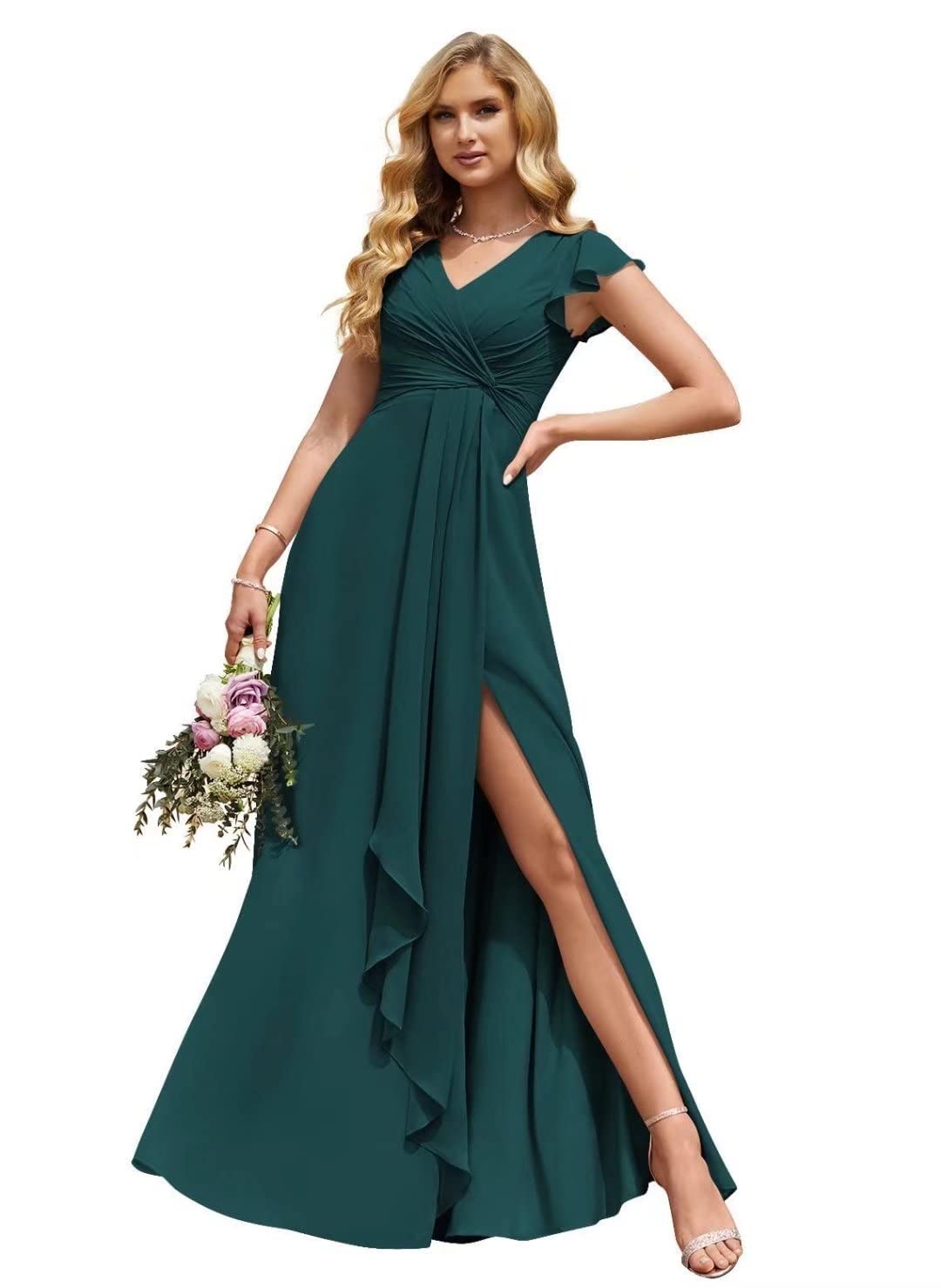 Verngo Women's V-Neck Chiffon Bridesmaid Dress - Long Formal Gown with Side Slit, Ruffled Cap Sleeves & Empire Waist | Perfect for Weddings, Prom, Evening Parties & Special Occasions