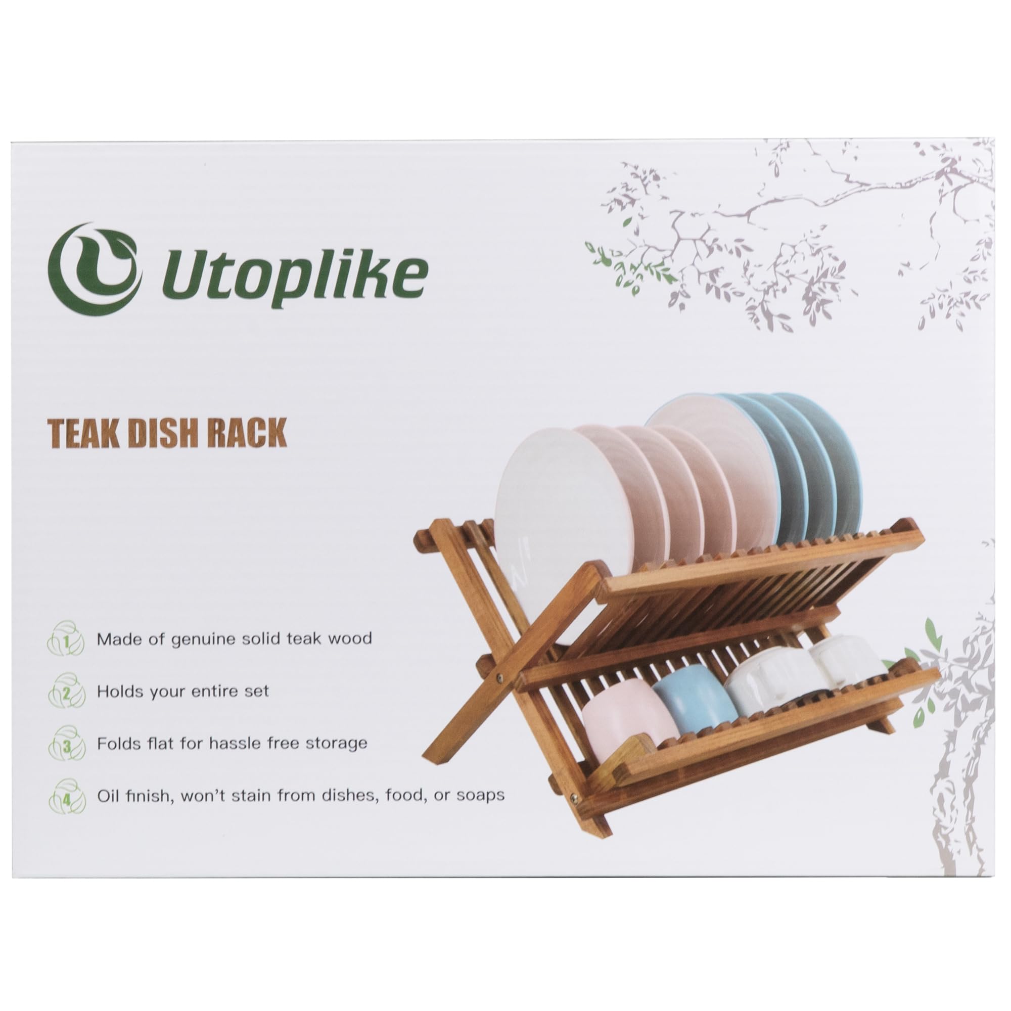 Utoplike Teak Dish Drainer Rack - 2 Tier Collapsible & Foldable Dish Drying Rack, Compact Plate Organizer Holder for Kitchen - Perfect for Small Spaces, Countertop Storage & Dish Drying