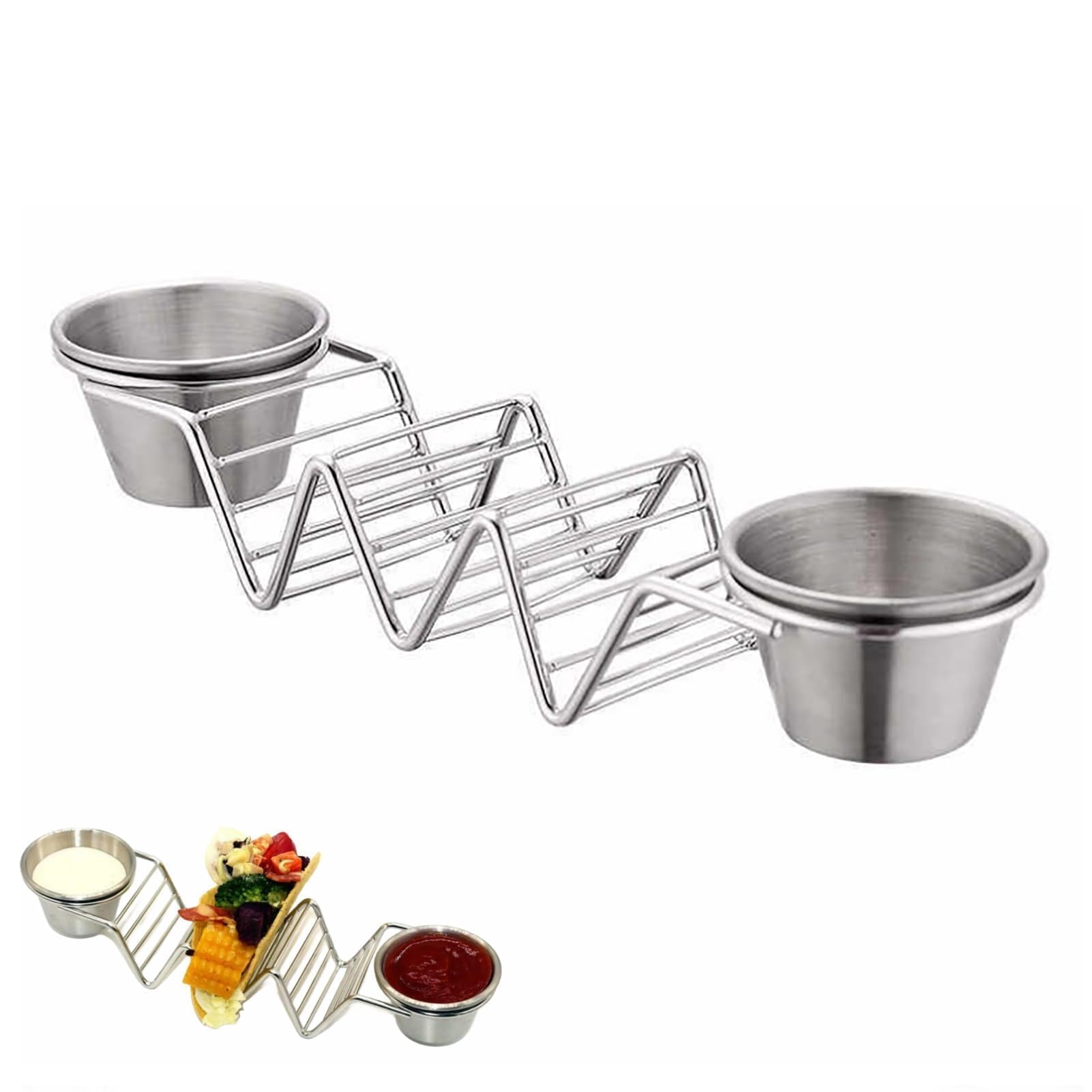 Stainless Steel Taco Stand Holder with Sauce Tray - 6 Slot Taco Rack for Baking, Serving & Party Display - Perfect for Taco Night, Mexican Fiesta, BBQ & Family Gatherings