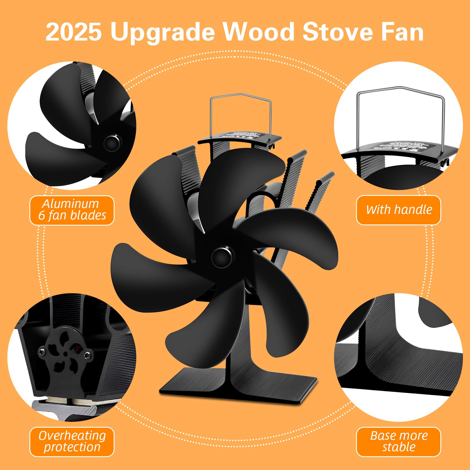 Eco-Friendly 6-Blade Wood Stove Fan - Heat Powered Fireplace Fan with Temperature Alarm for Wood/Pellet/Log Burners - Perfect for Energy-Efficient Home Heating & Cozy Winter Nights