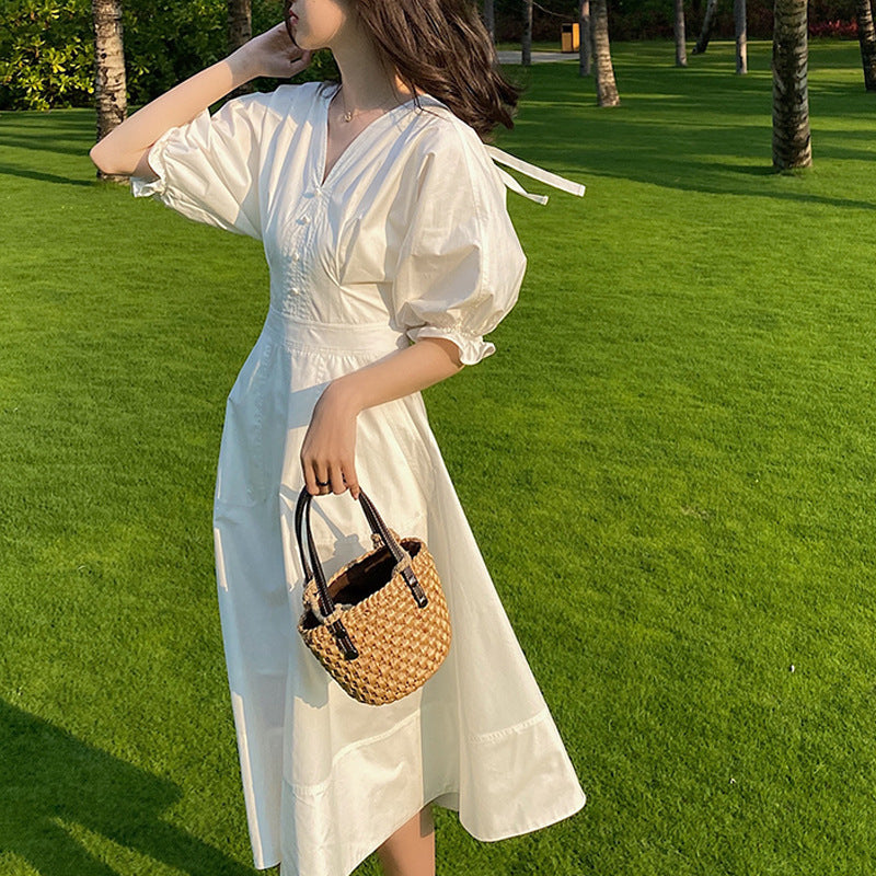 Women's Summer Dress with V-Neck & Puff Sleeves - Flowy Casual Sundress for Beach, Party & Everyday Wear