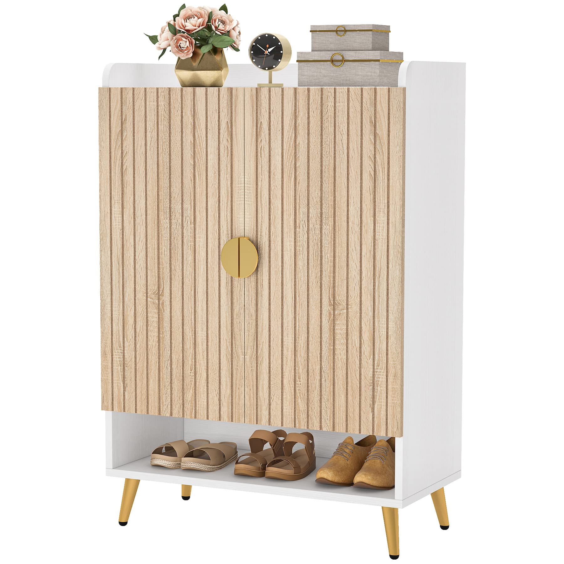 Tribesigns 7-Tier Wooden Shoe Cabinet with Adjustable Shelves & Doors - Modern Shoe Storage Organizer for Entryway, Hallway, Closet, Living Room - Gold Accent Wooden Shoe Rack for Home Organization & Space Saving