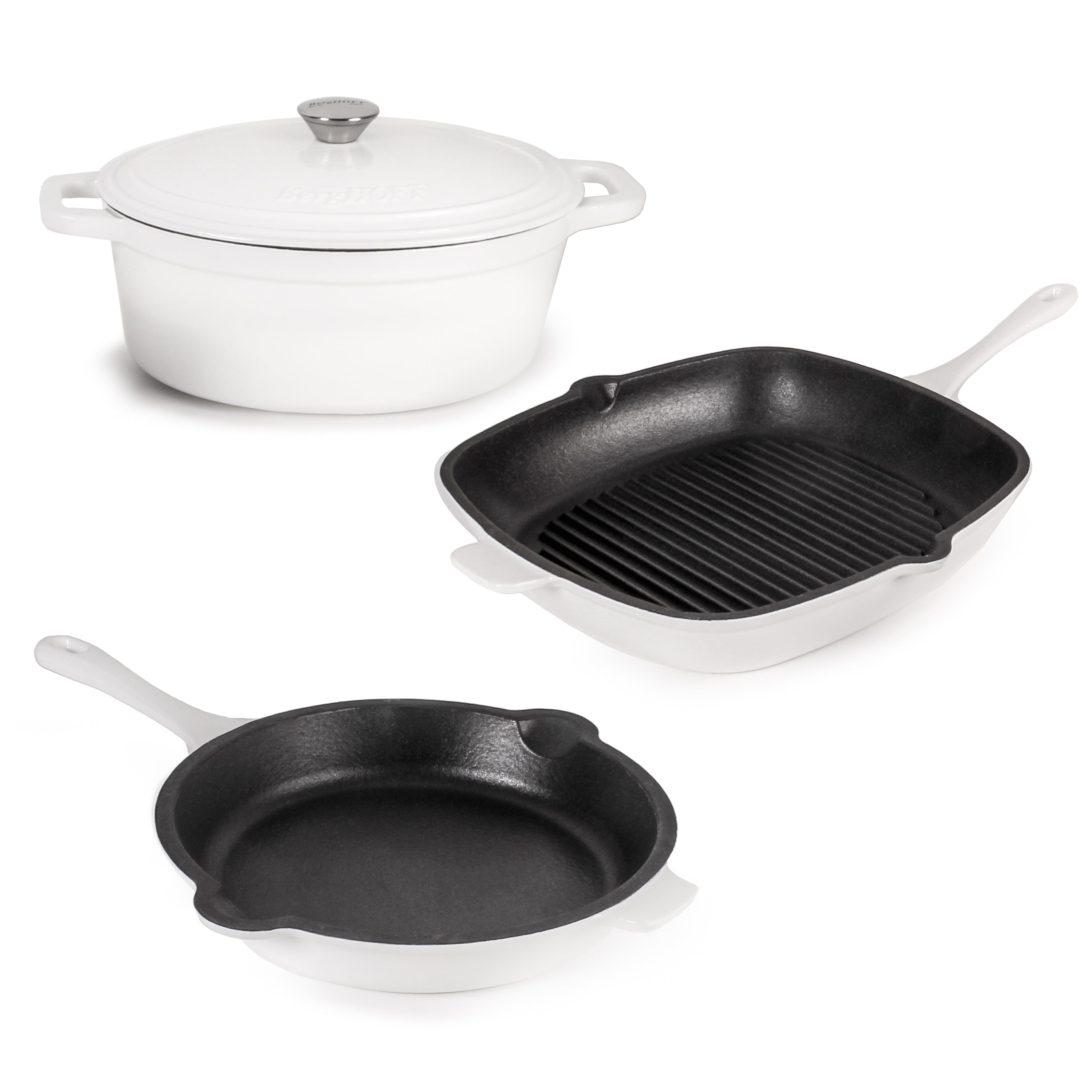 BergHOFF Neo 4-Piece Cast Iron Cookware Set - Grill Pan, Fry Pan & Oval Dutch Oven, White Enamel Coating | Perfect for Stovetop, Oven & Outdoor Cooking | Ideal for Grilling, Frying & Braising