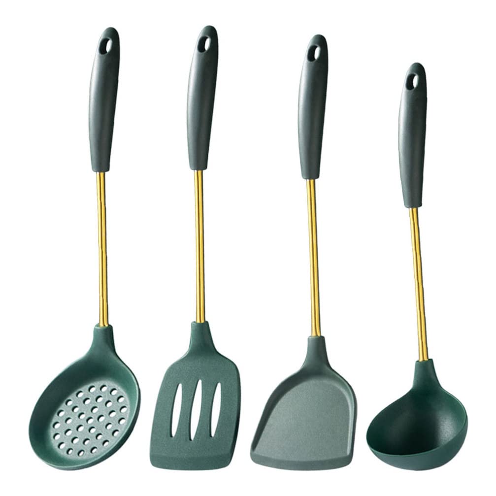 UPKOCH 4-Piece Silicone Cooking Utensil Set with Stainless Steel Handle - Non-Stick Cream Spatula, Soup Ladle, Kitchen Gadgets for Baking, Cooking & Serving (Green) - Perfect for Home Chefs & Professional Kitchens