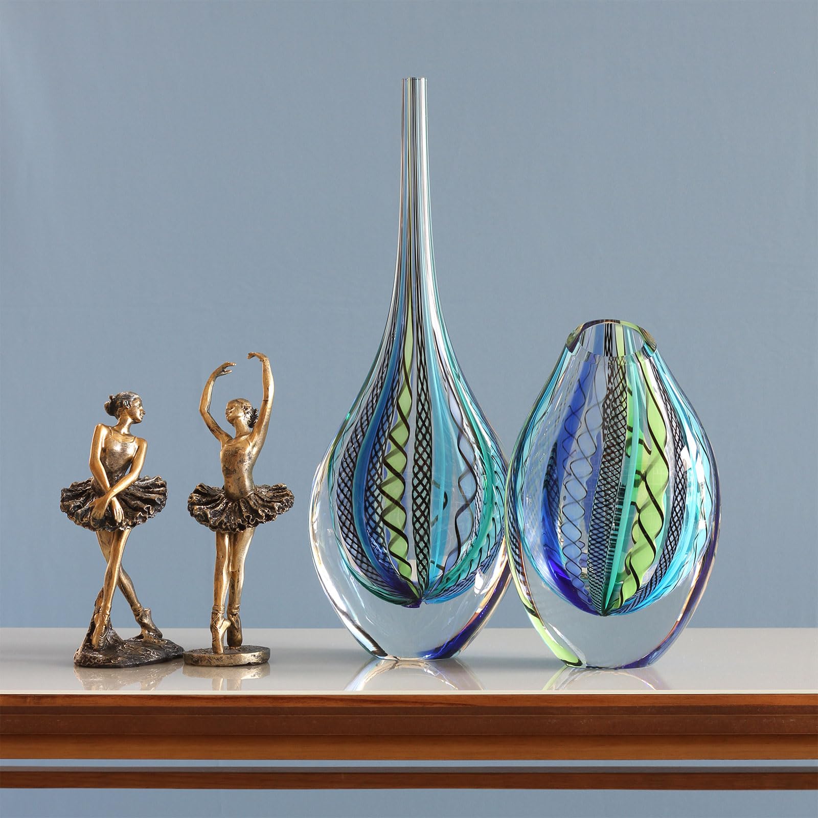 Hand Blown Murano-Style Art Glass Vase - Cá d'Oro Drop Glass Vase in Hippie Blue/Green Canes, Tall Model - Perfect for Bohemian Home Decor, Wedding Centerpieces & Luxury Gift Giving