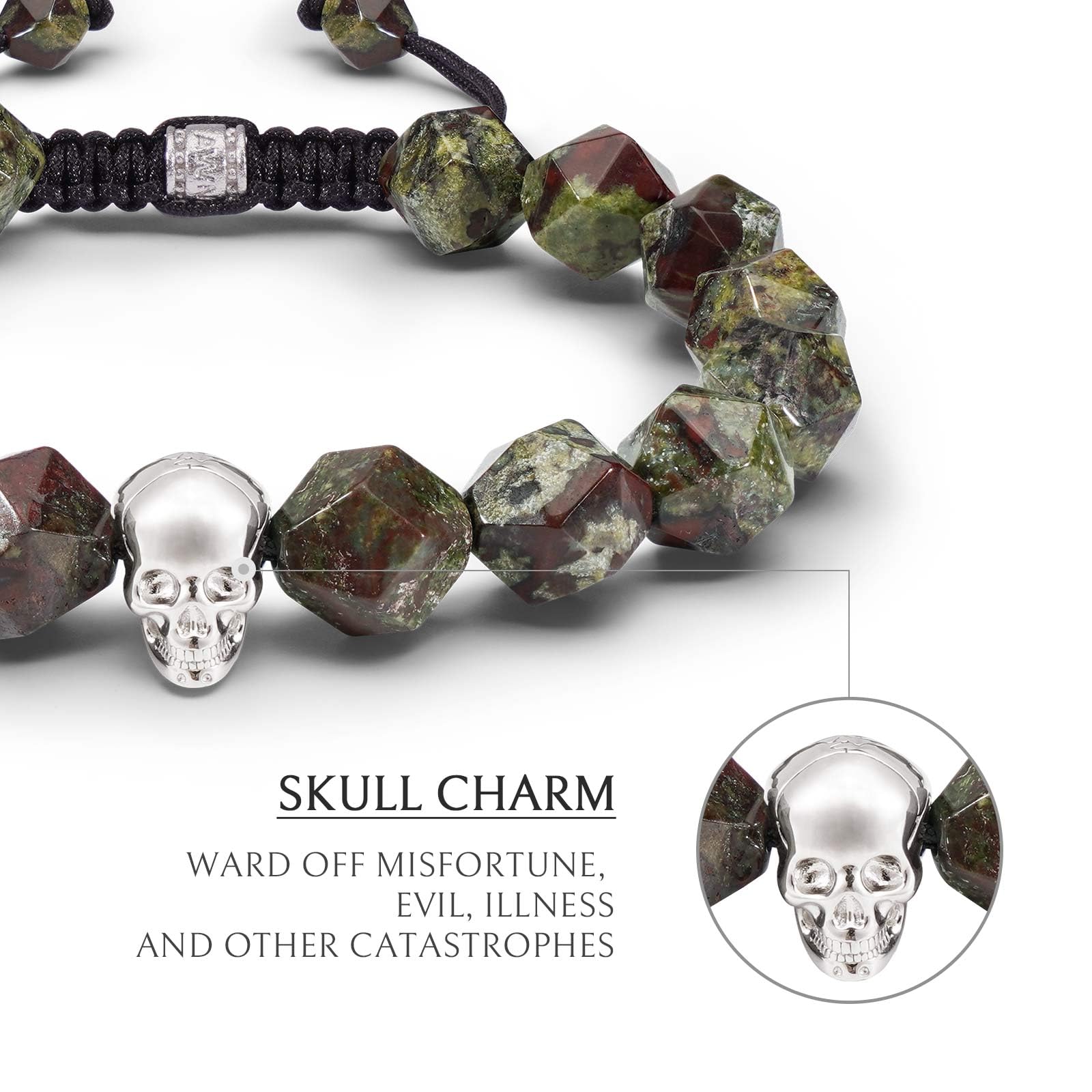 Men's Adjustable Dumortierite & Dragon Blood Jasper Beaded Bracelet with Sterling Silver Skull Charm - 10mm Natural Gemstone Braided Bracelet (6.1-7.9 Inch) - Spiritual Healing Jewelry, Boho Style Gift for Boyfriend, Meditation & Yoga Accessory