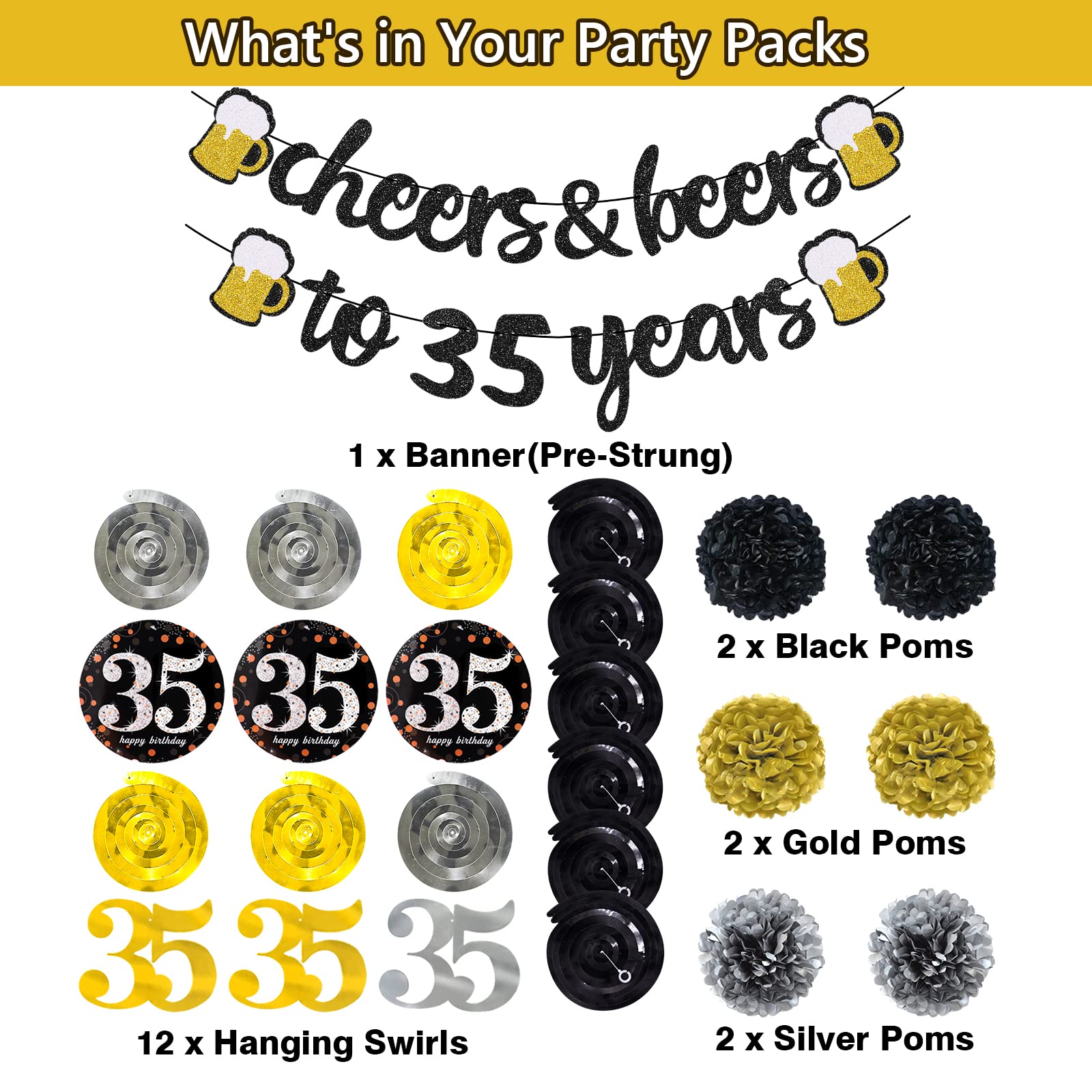 35th Birthday Party Decorations Kit for Men & Women - Cheers to 35 Years Banner, Pom Poms, Flowers & Sparkling Hanging Swirls - Perfect for Birthday Celebrations, Wedding Parties & Anniversary Decorations