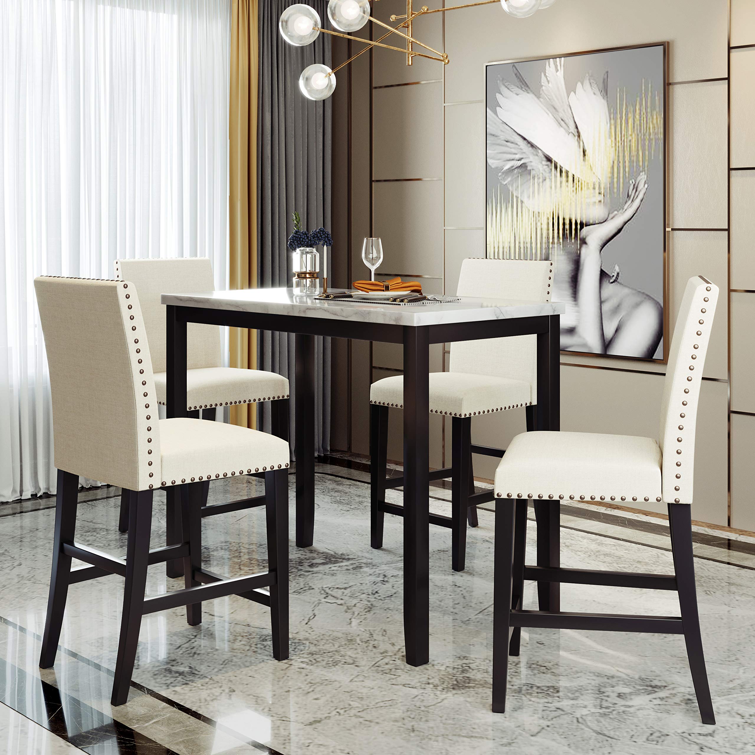 5-Piece Modern Counter Height Dining Set with High-Back Chairs & Marble Veneer Table - Beige Fabric Kitchen Pub Table for Small Spaces, Breakfast Nooks & Apartment Dining | Perfect for Entertaining, Family Meals & Compact Homes